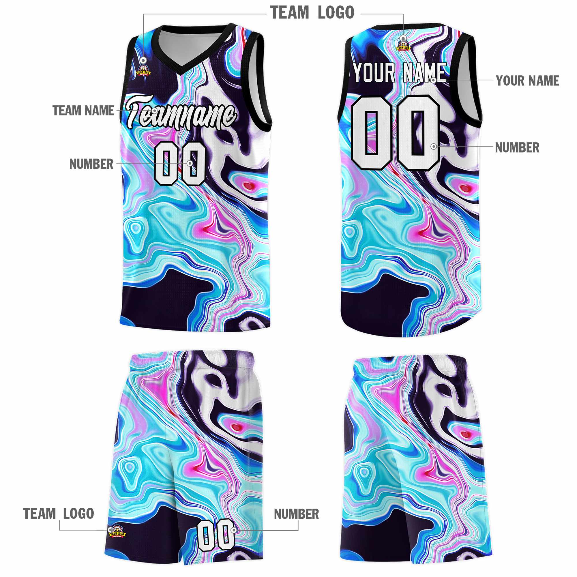 Custom Black Fluid Painting Pattern Sports Uniform Basketball Jersey