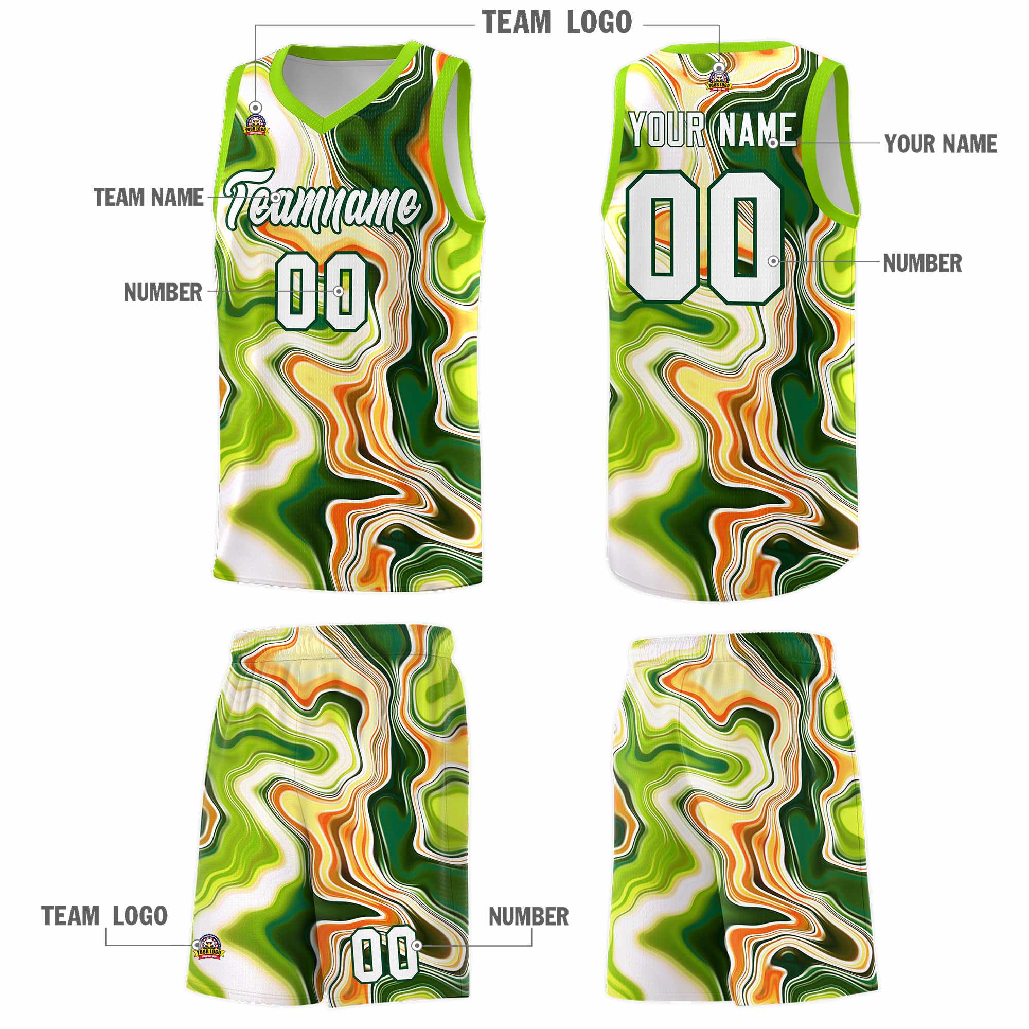 Custom Neon Green Fluid Painting Pattern Sports Uniform Basketball Jersey