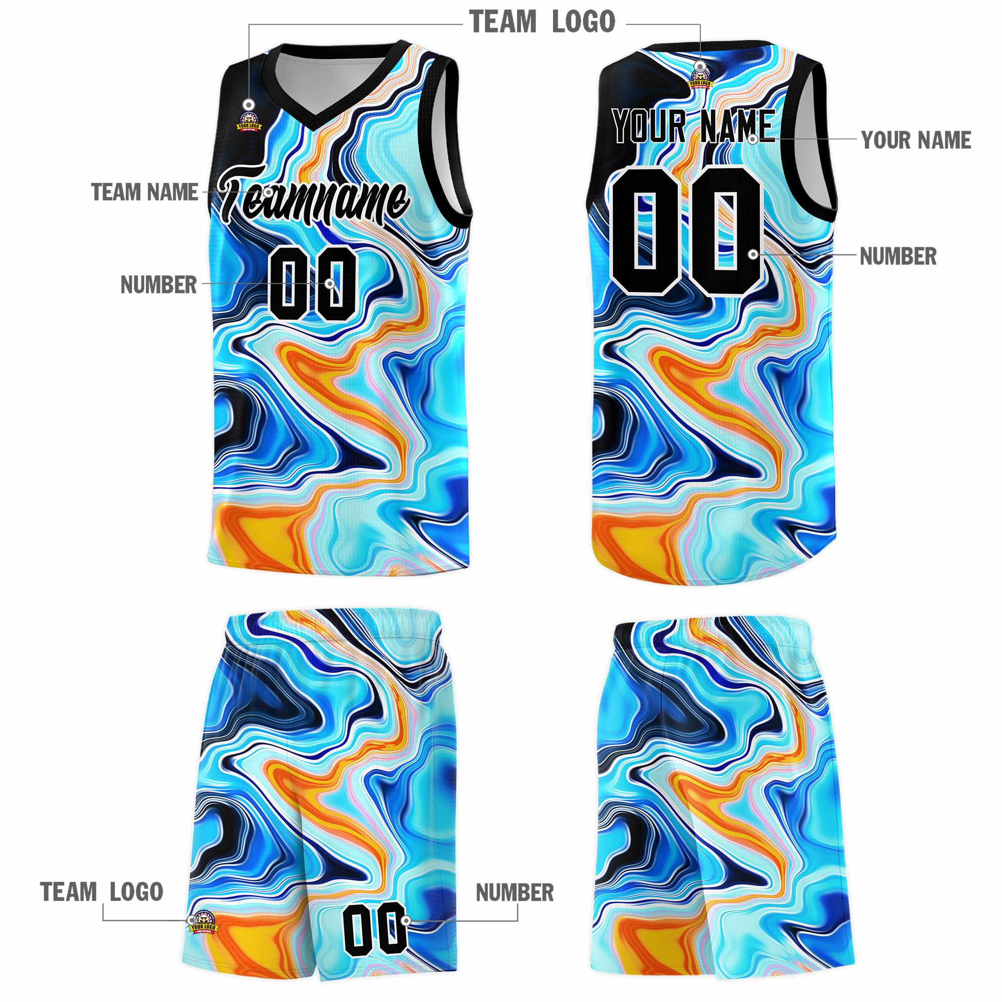 Custom Black Fluid Painting Pattern Sports Uniform Basketball Jersey