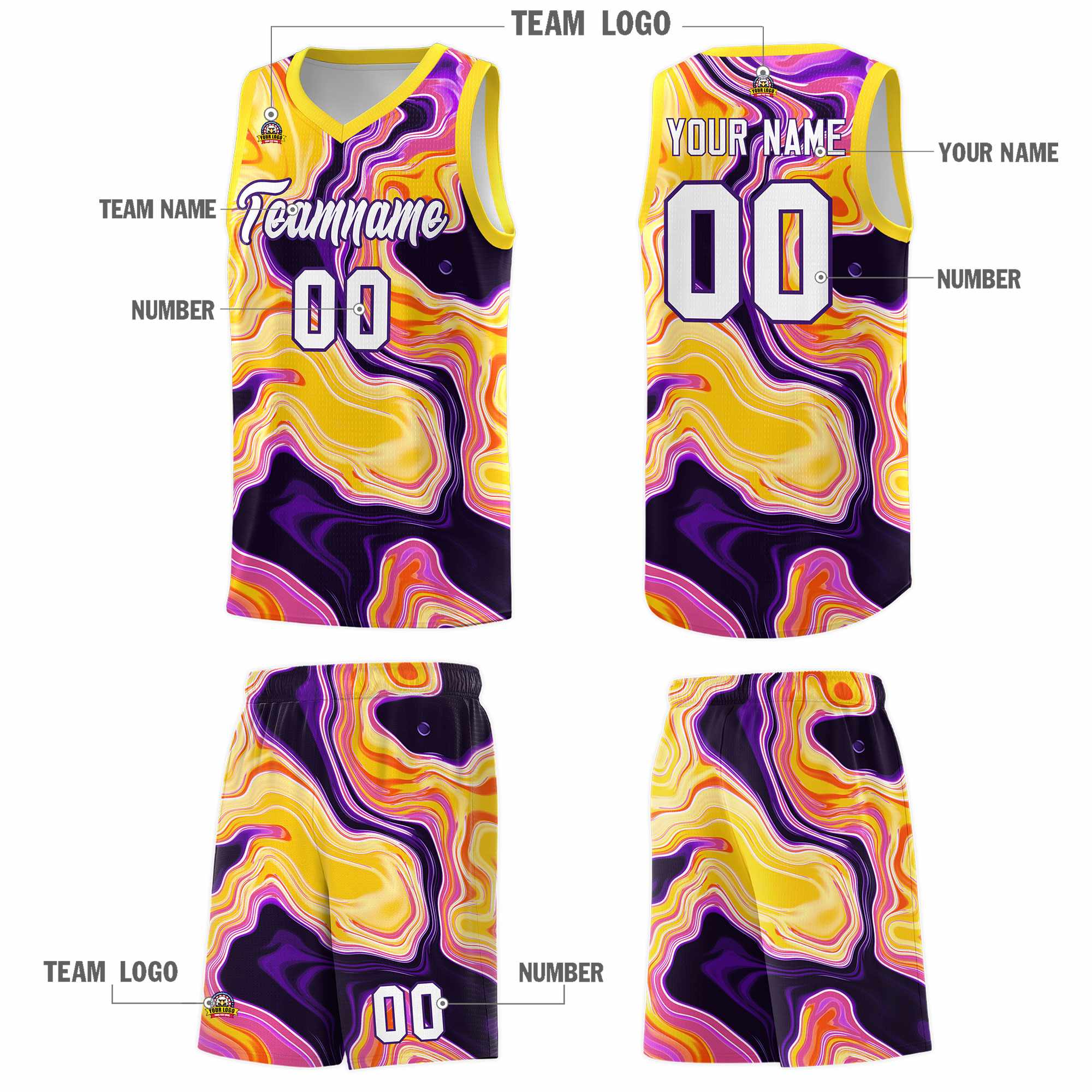 Custom Gold Fluid Painting Pattern Sports Uniform Basketball Jersey