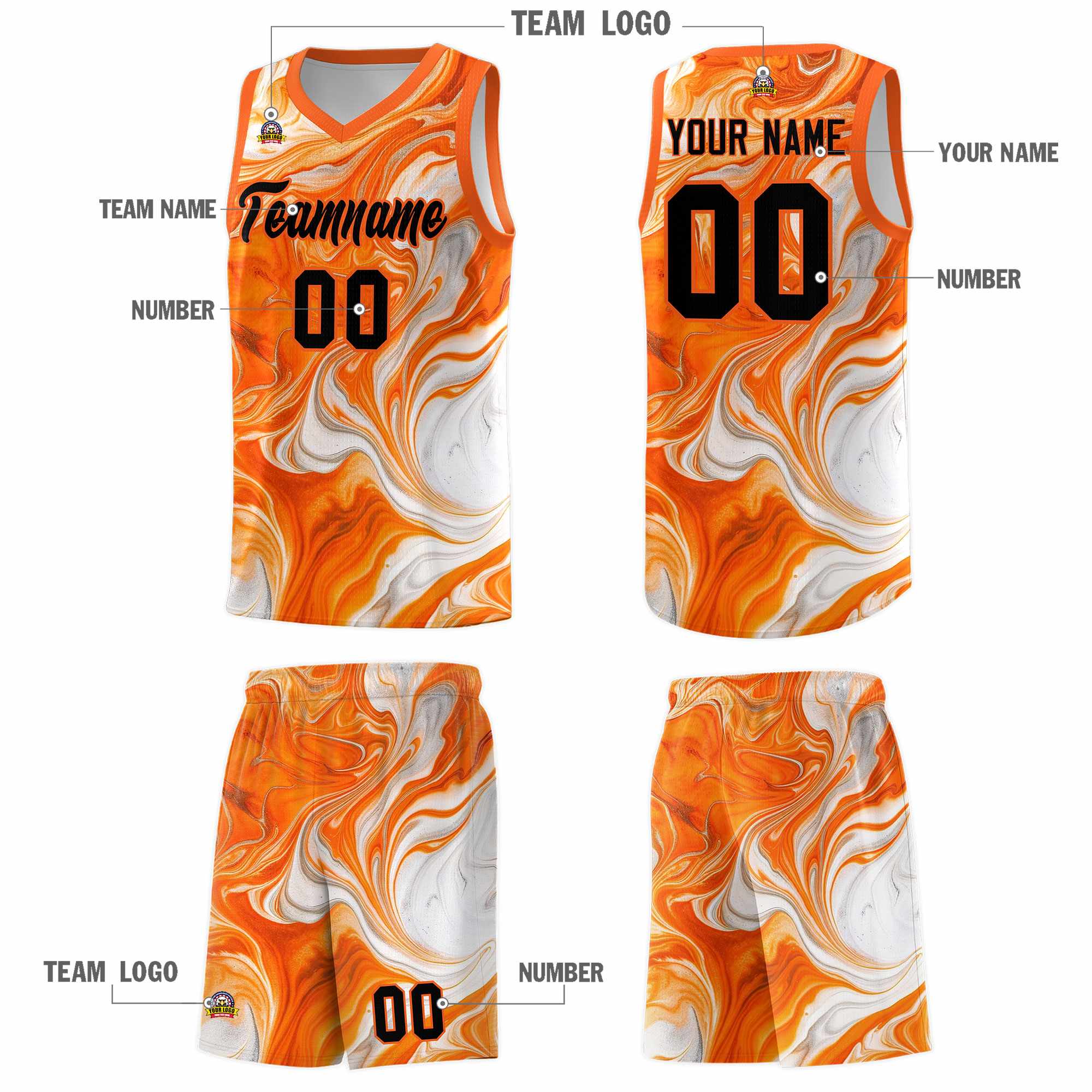 Custom Orange Fluid Painting Pattern Sports Uniform Basketball Jersey