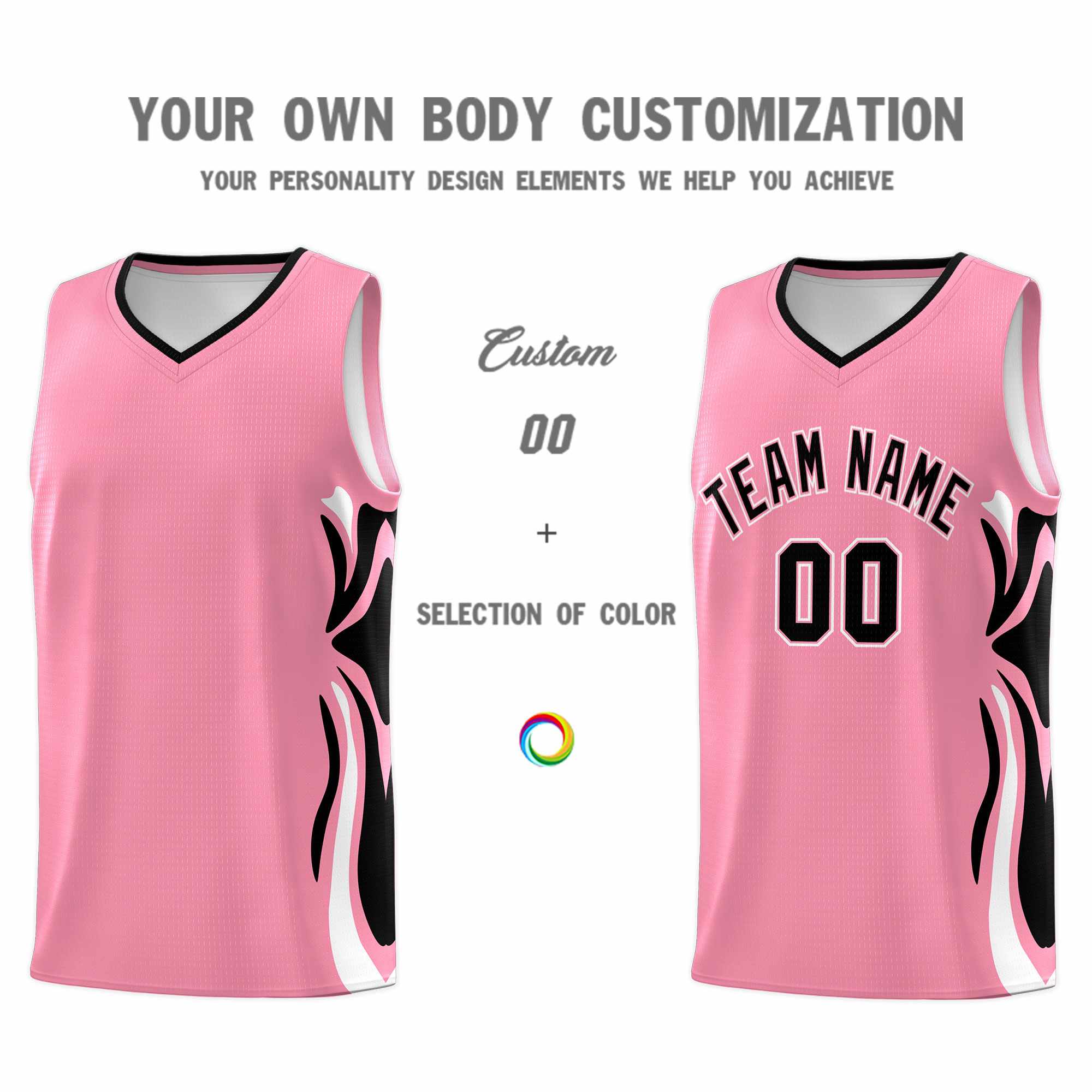 Custom Light Pink Black-White Graffiti Pattern Side Curve Pattern Sports Uniform Basketball Jersey Sets