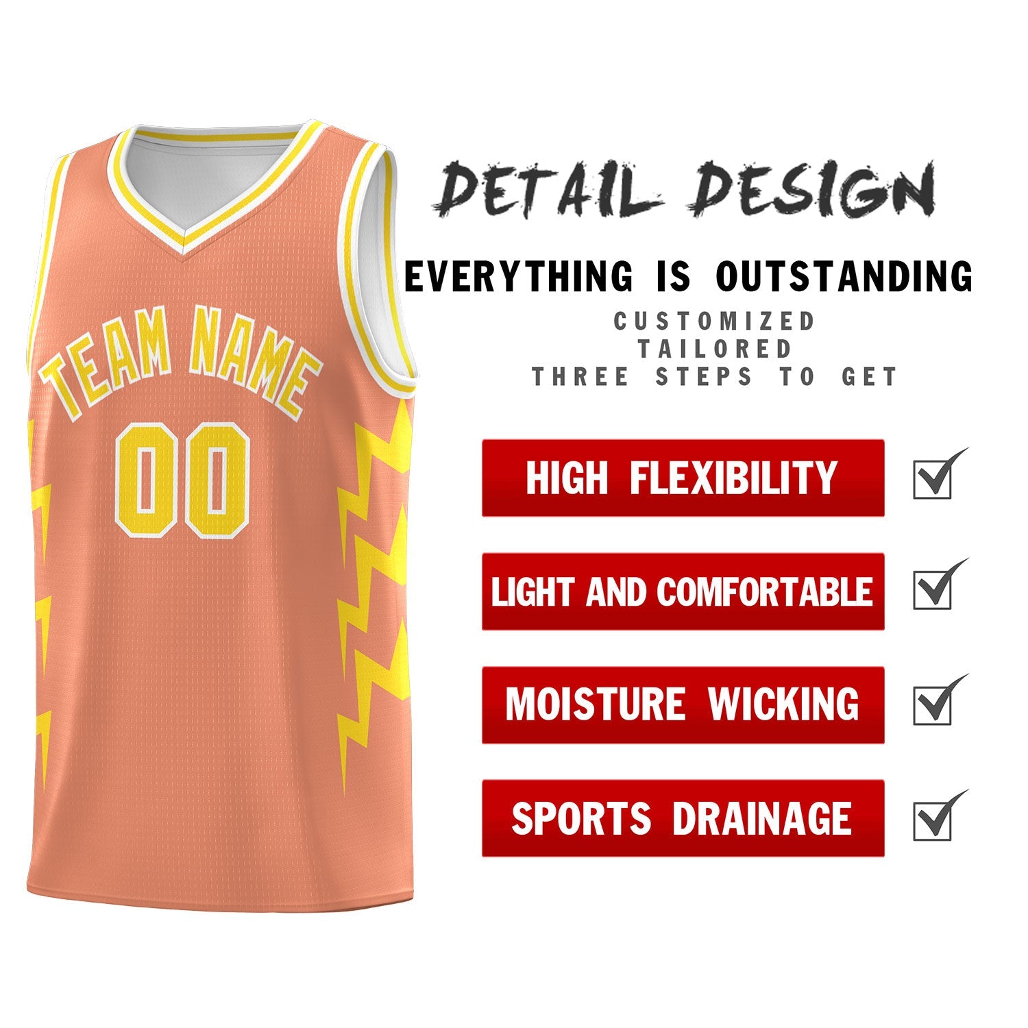 Custom Orange Side Lightning Pattern Sports Uniform Basketball Jersey