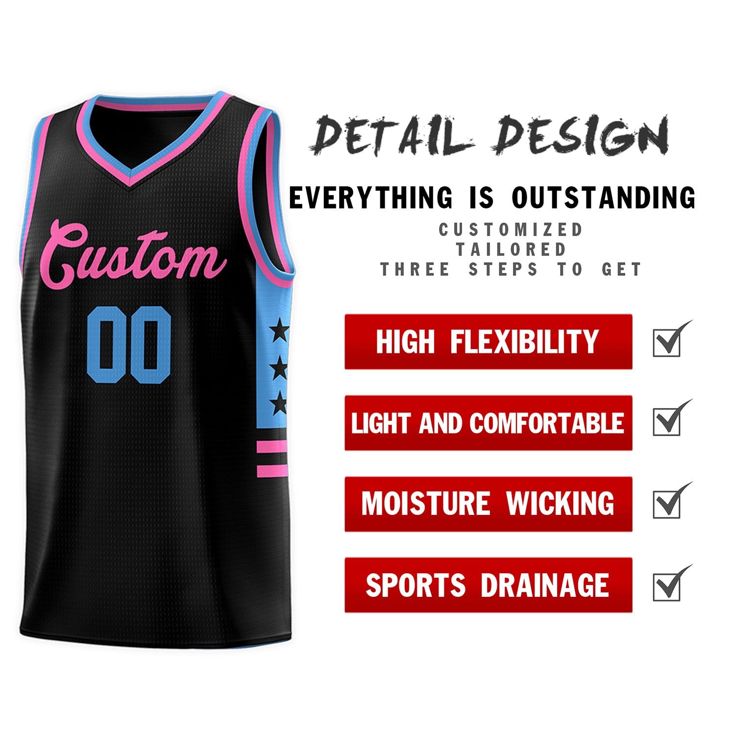 Custom Black Powder Blue-Pink Personalized Star Pattern Sports Uniform Basketball Jersey