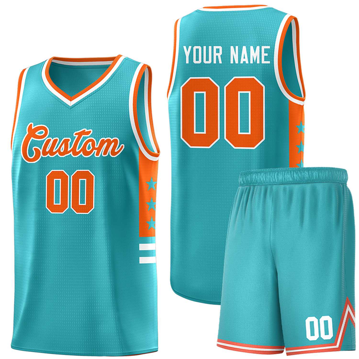 Custom Aqua Orange-White Personalized Star Pattern Sports Uniform Basketball Jersey