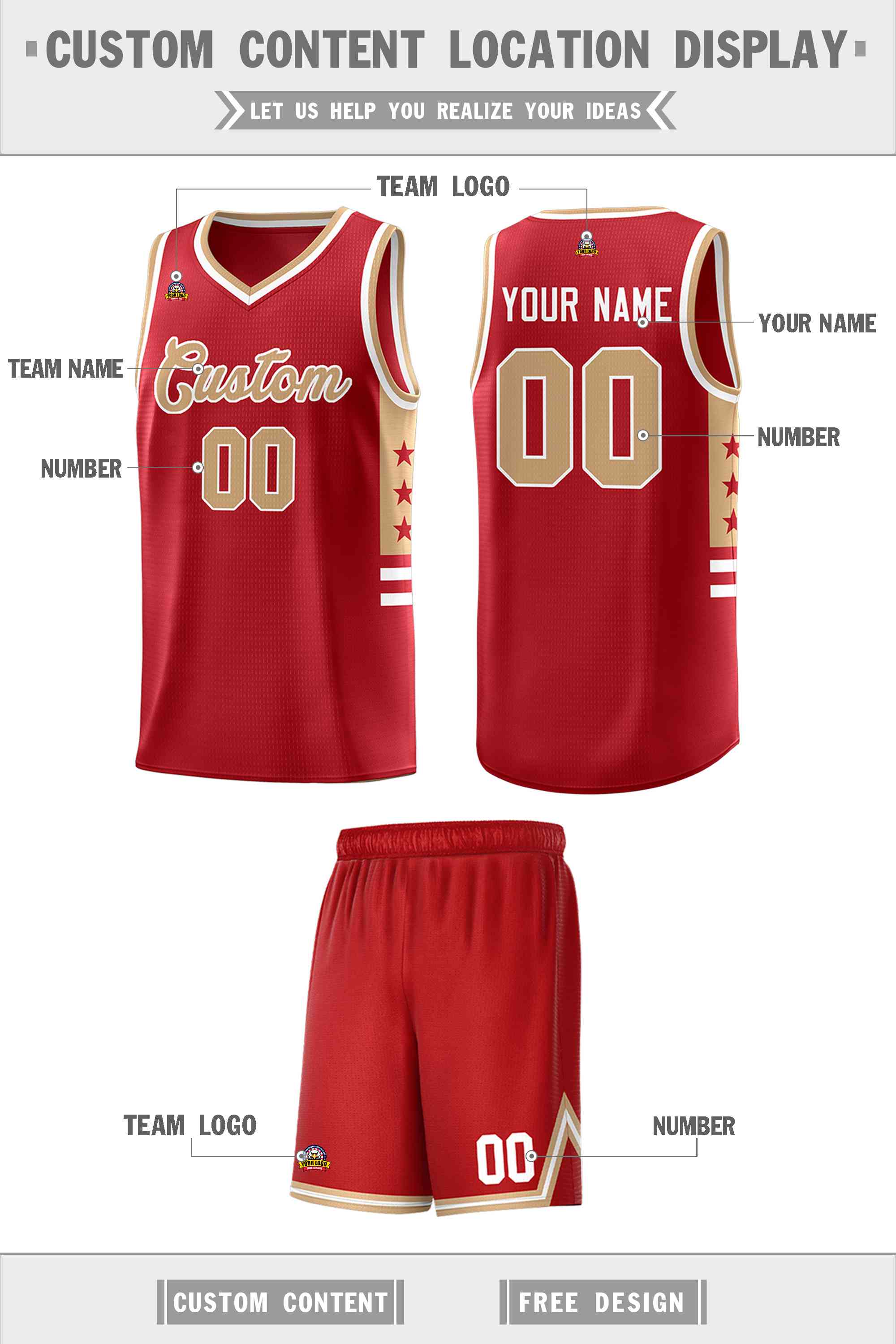 Custom Red Old Gold-White Personalized Star Pattern Sports Uniform Basketball Jersey