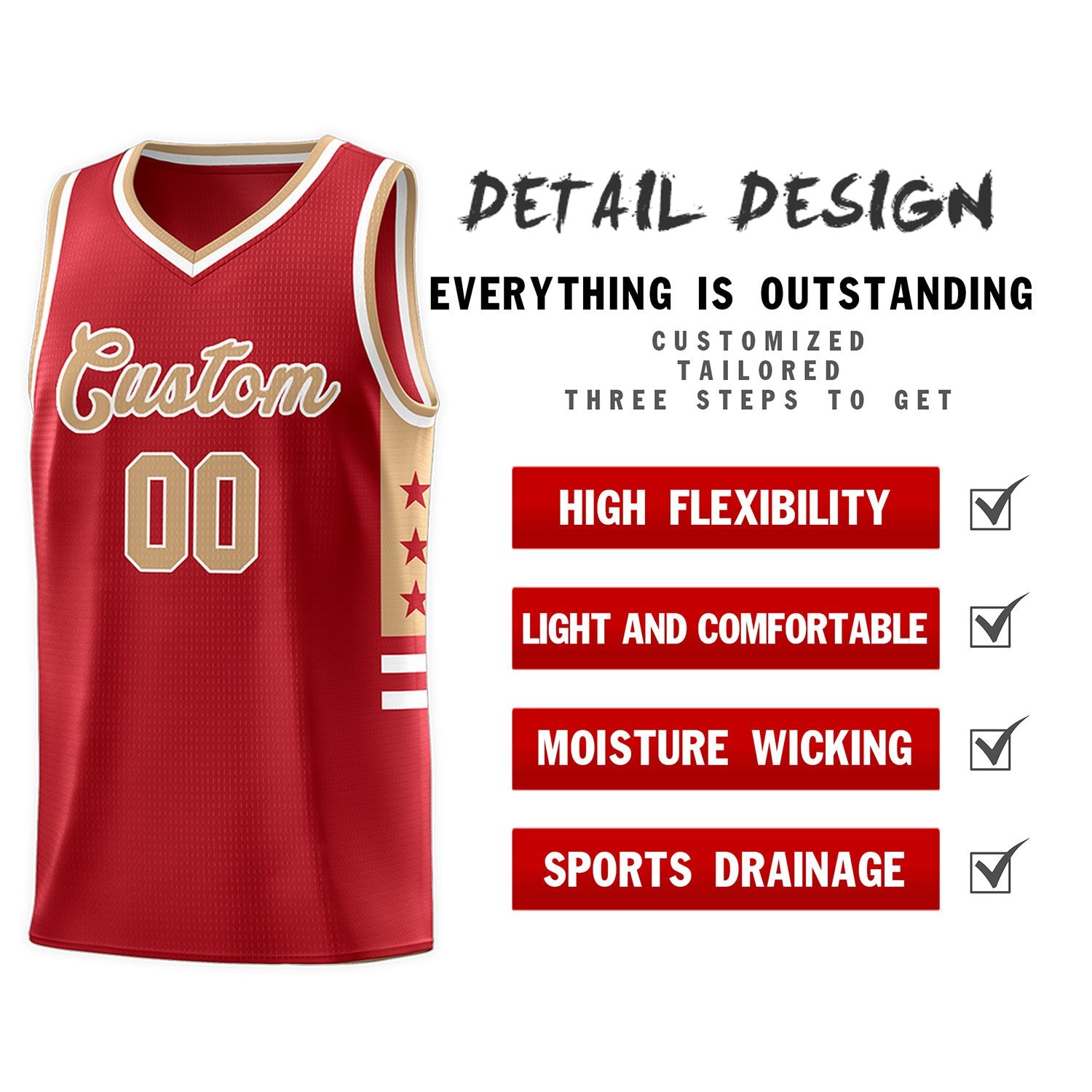 Custom Red Old Gold-White Personalized Star Pattern Sports Uniform Basketball Jersey