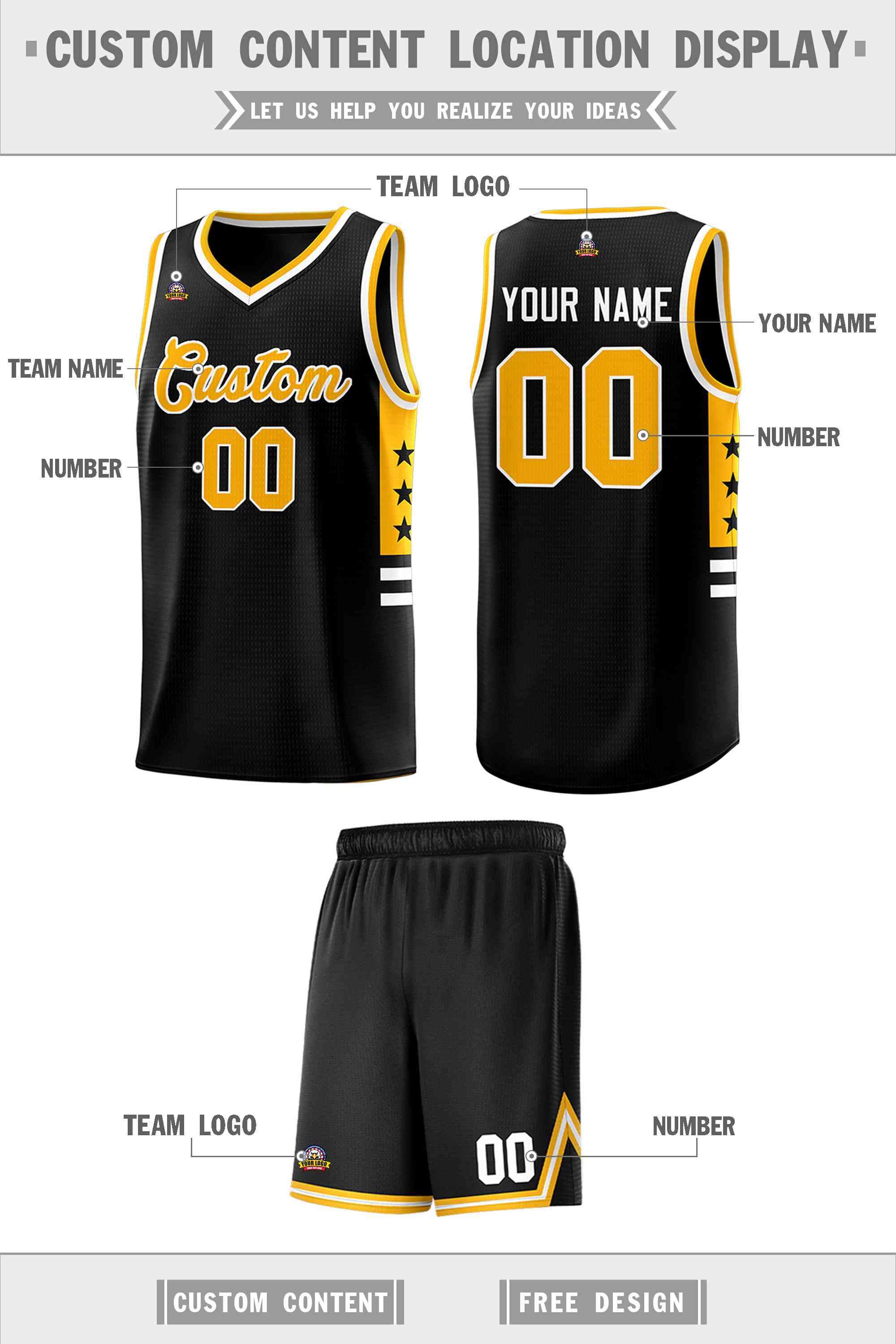 Custom Black Yellow-White Personalized Star Pattern Sports Uniform Basketball Jersey