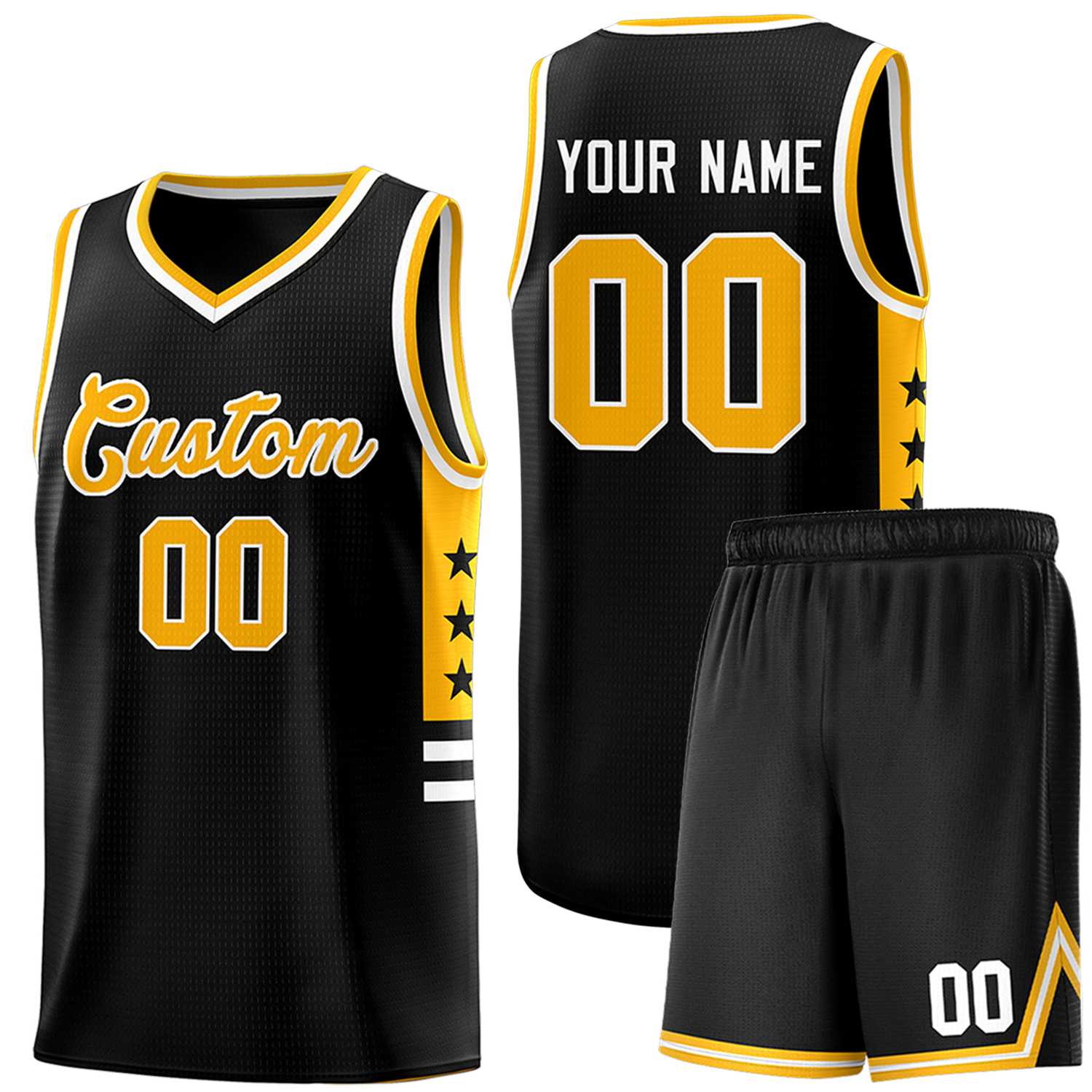 Custom Black Yellow-White Personalized Star Pattern Sports Uniform Basketball Jersey