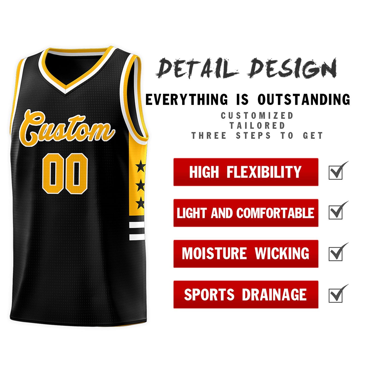 Custom Black Yellow-White Personalized Star Pattern Sports Uniform Basketball Jersey