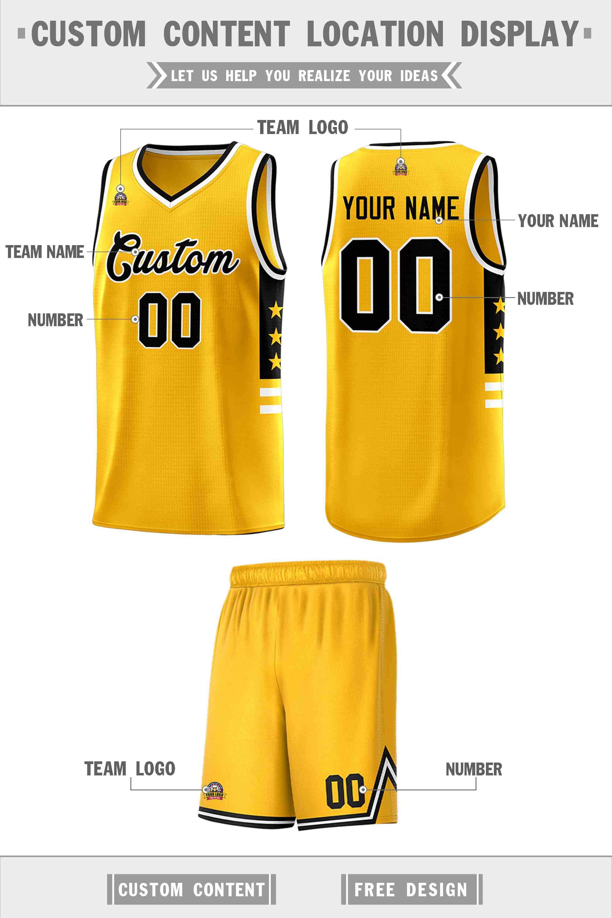 Custom Yellow Black-White Personalized Star Pattern Sports Uniform Basketball Jersey