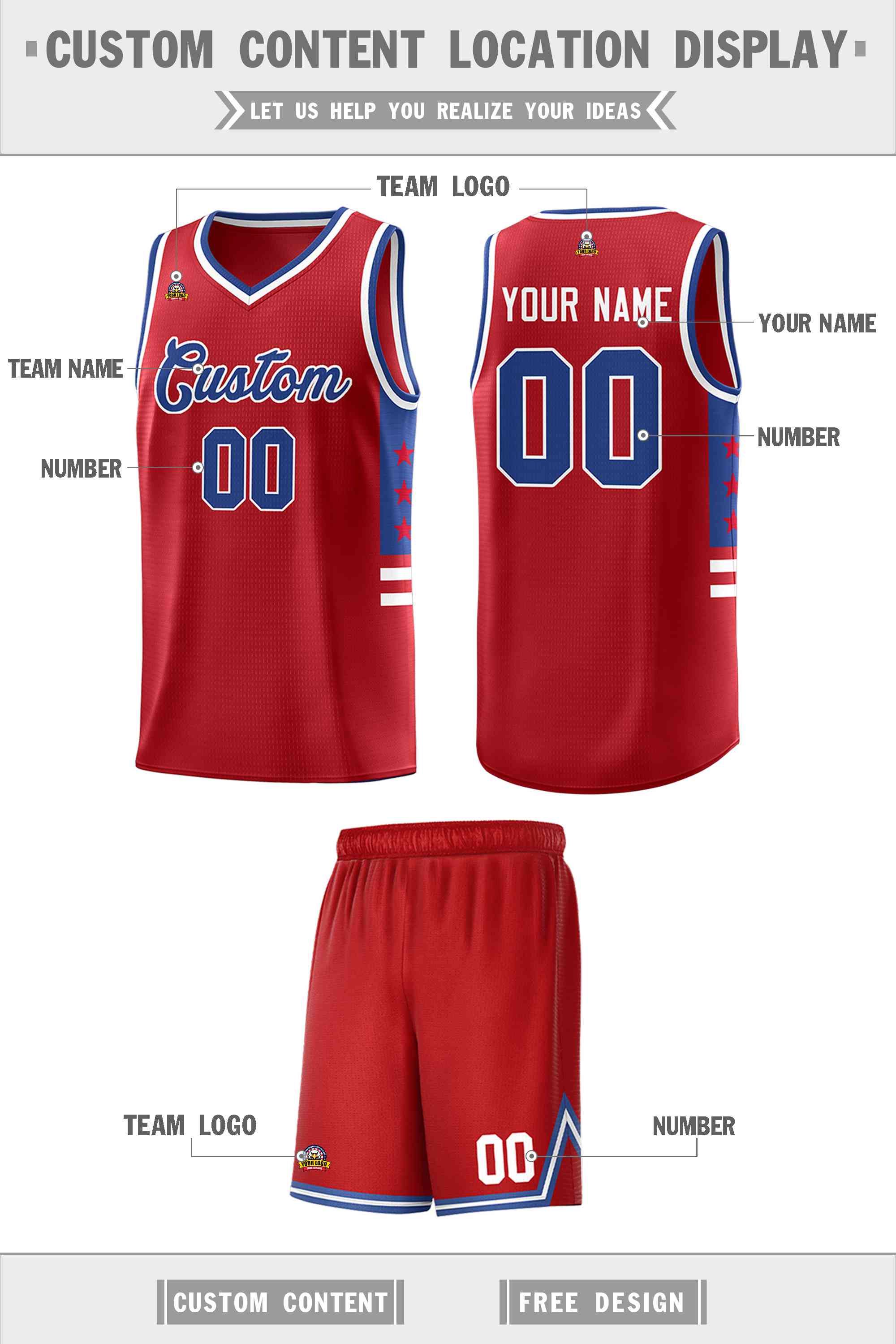 Custom Red Royal-White Personalized Star Pattern Sports Uniform Basketball Jersey
