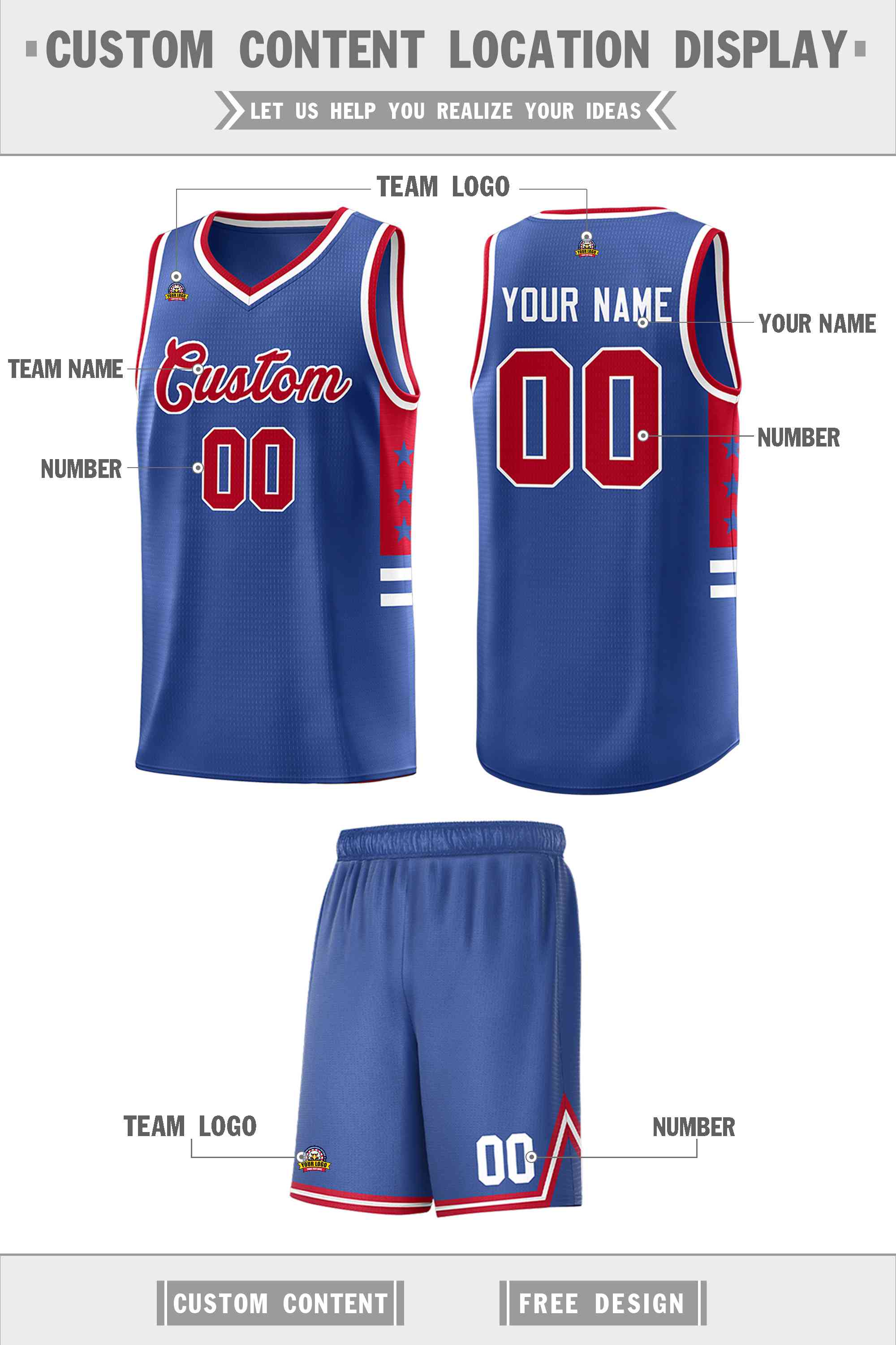 Custom Royal Red-White Personalized Star Pattern Sports Uniform Basketball Jersey