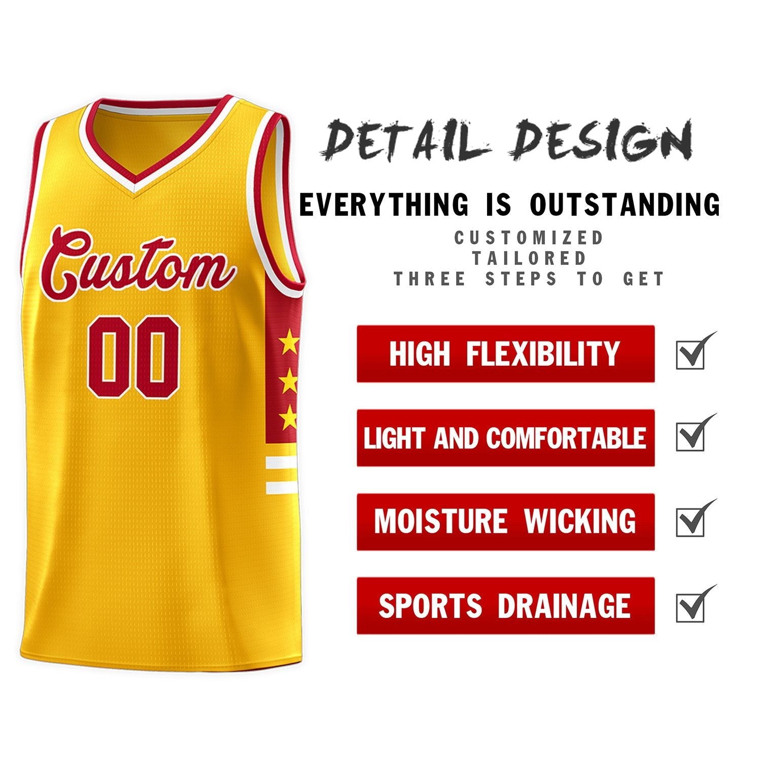 Custom Yellow Red-White Personalized Star Pattern Sports Uniform Basketball Jersey