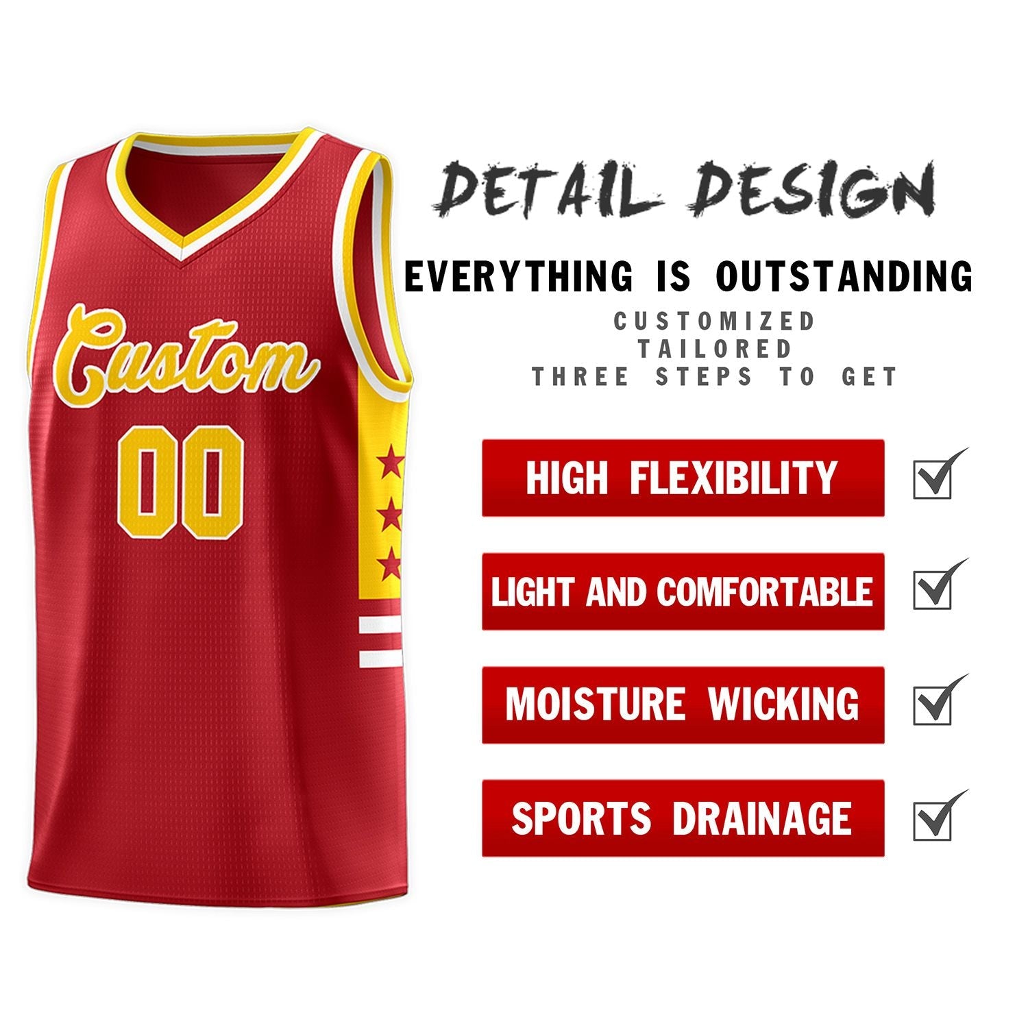 Custom Red Yellow-White Personalized Star Pattern Sports Uniform Basketball Jersey