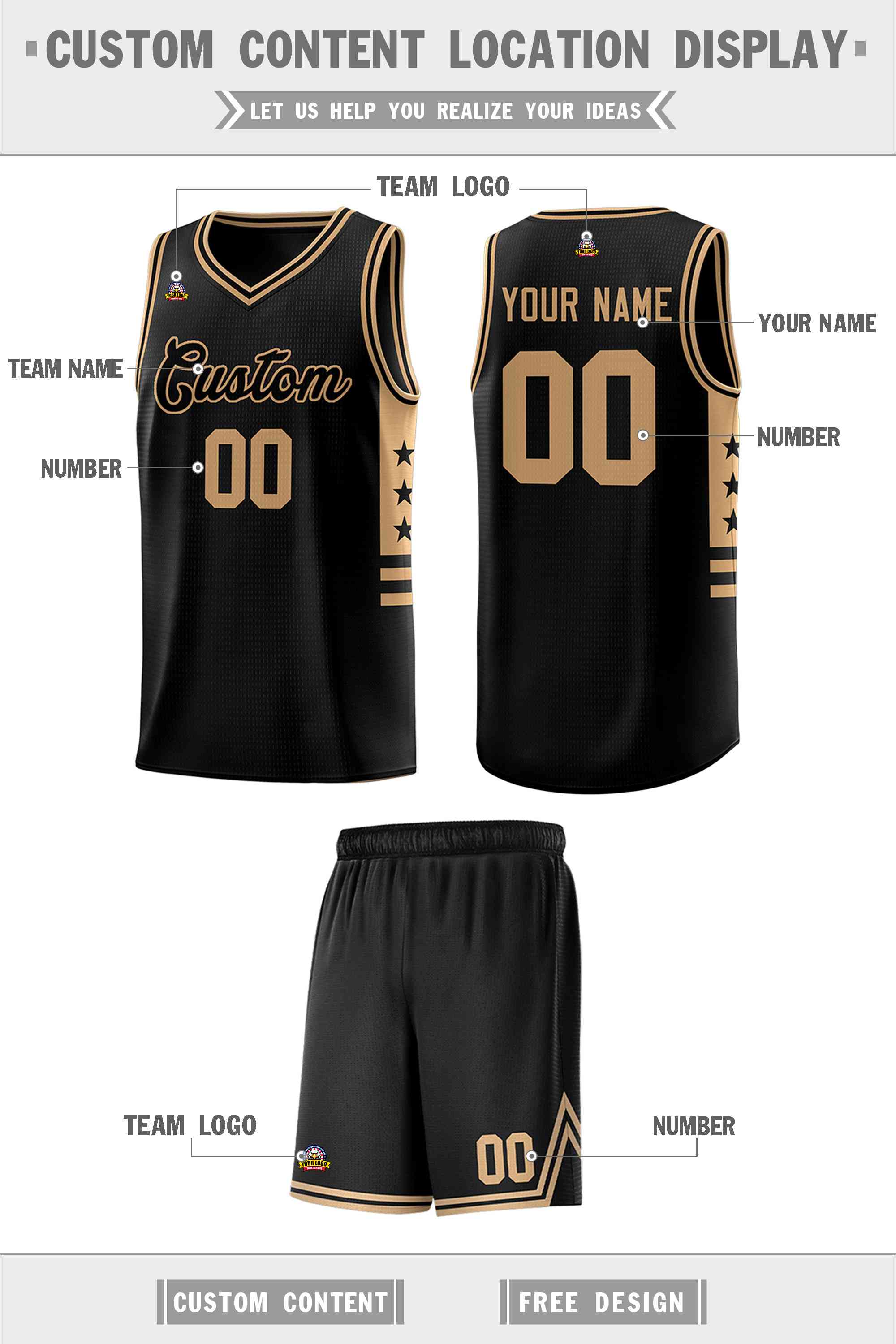 Custom Black Old Gold Personalized Star Pattern Sports Uniform Basketball Jersey