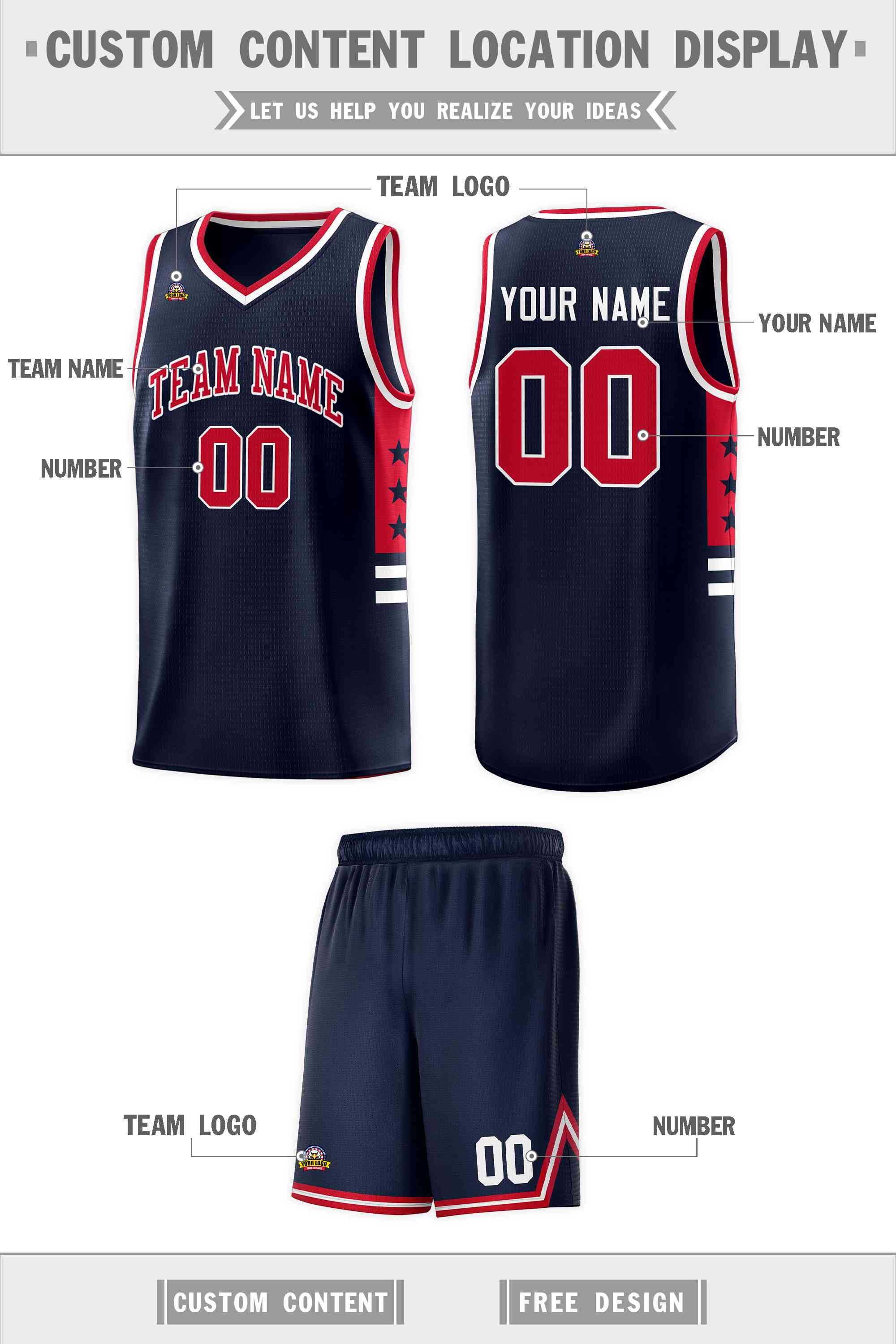 Custom Navy Red-White Personalized Star Pattern Sports Uniform Basketball Jersey