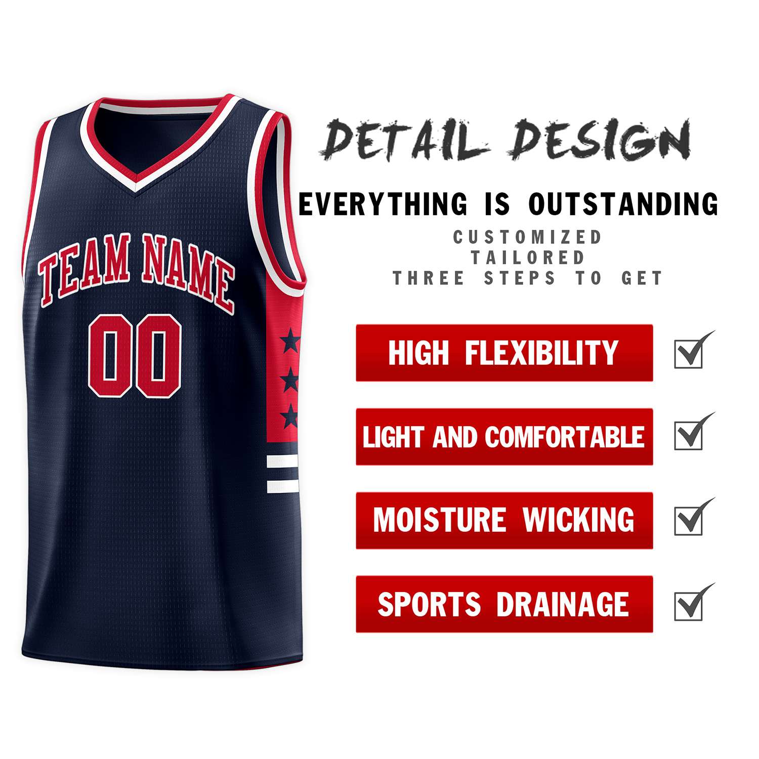 Custom Navy Red-White Personalized Star Pattern Sports Uniform Basketball Jersey