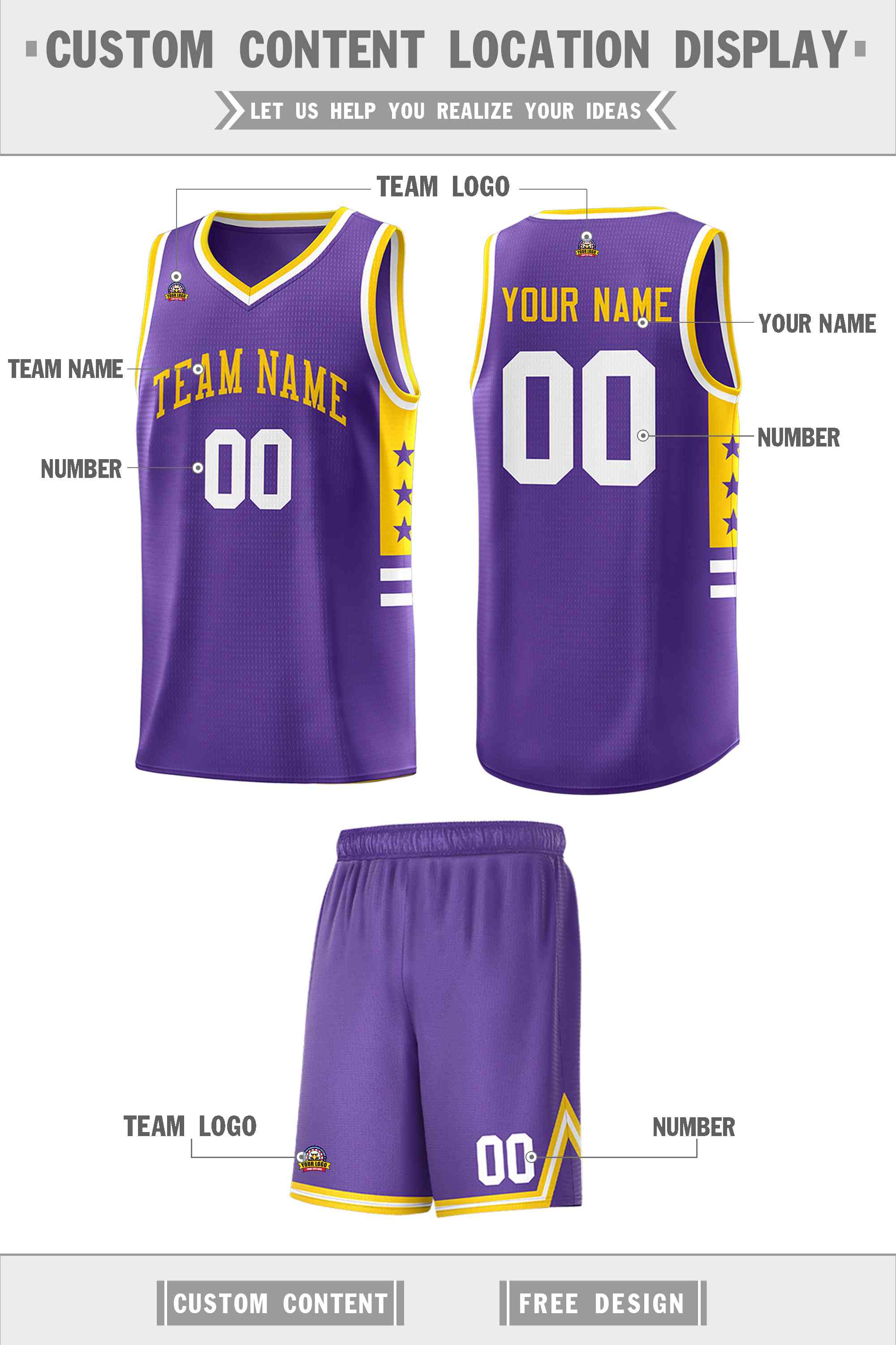 Custom Purple Yellow-White Personalized Star Pattern Sports Uniform Basketball Jersey