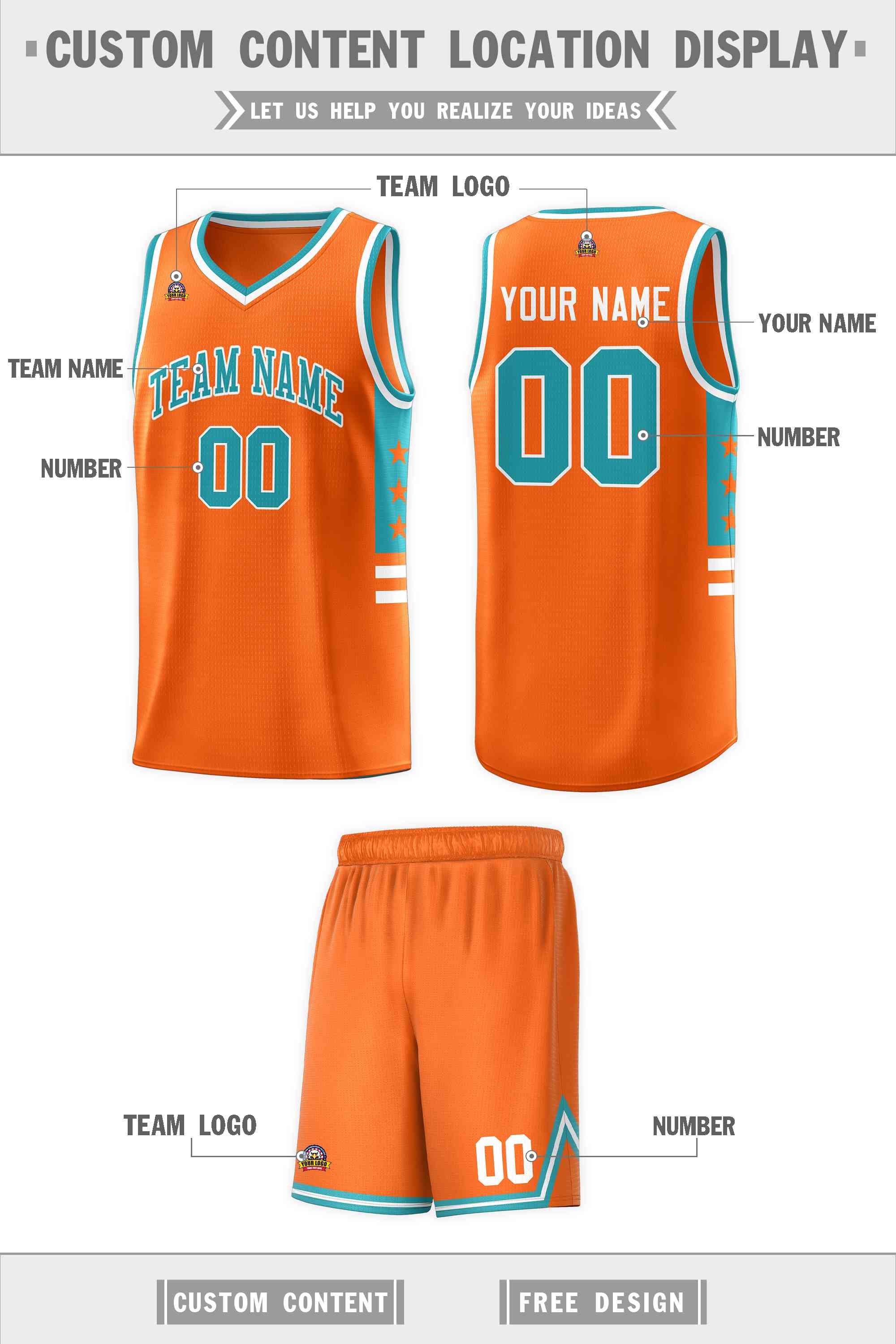 Custom Orange Aqua-White Personalized Star Pattern Sports Uniform Basketball Jersey