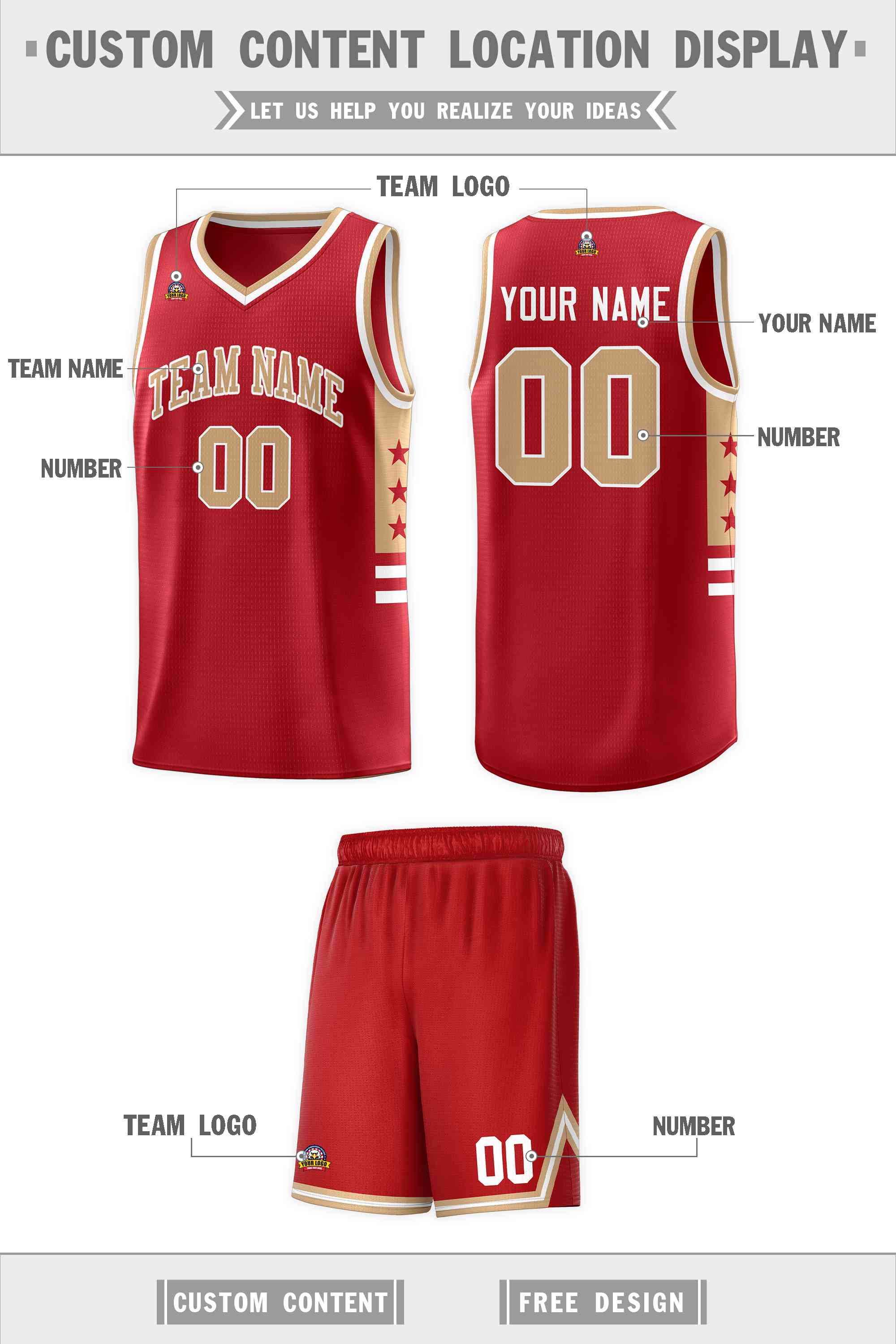 Custom Red Old Gold-White Personalized Star Pattern Sports Uniform Basketball Jersey