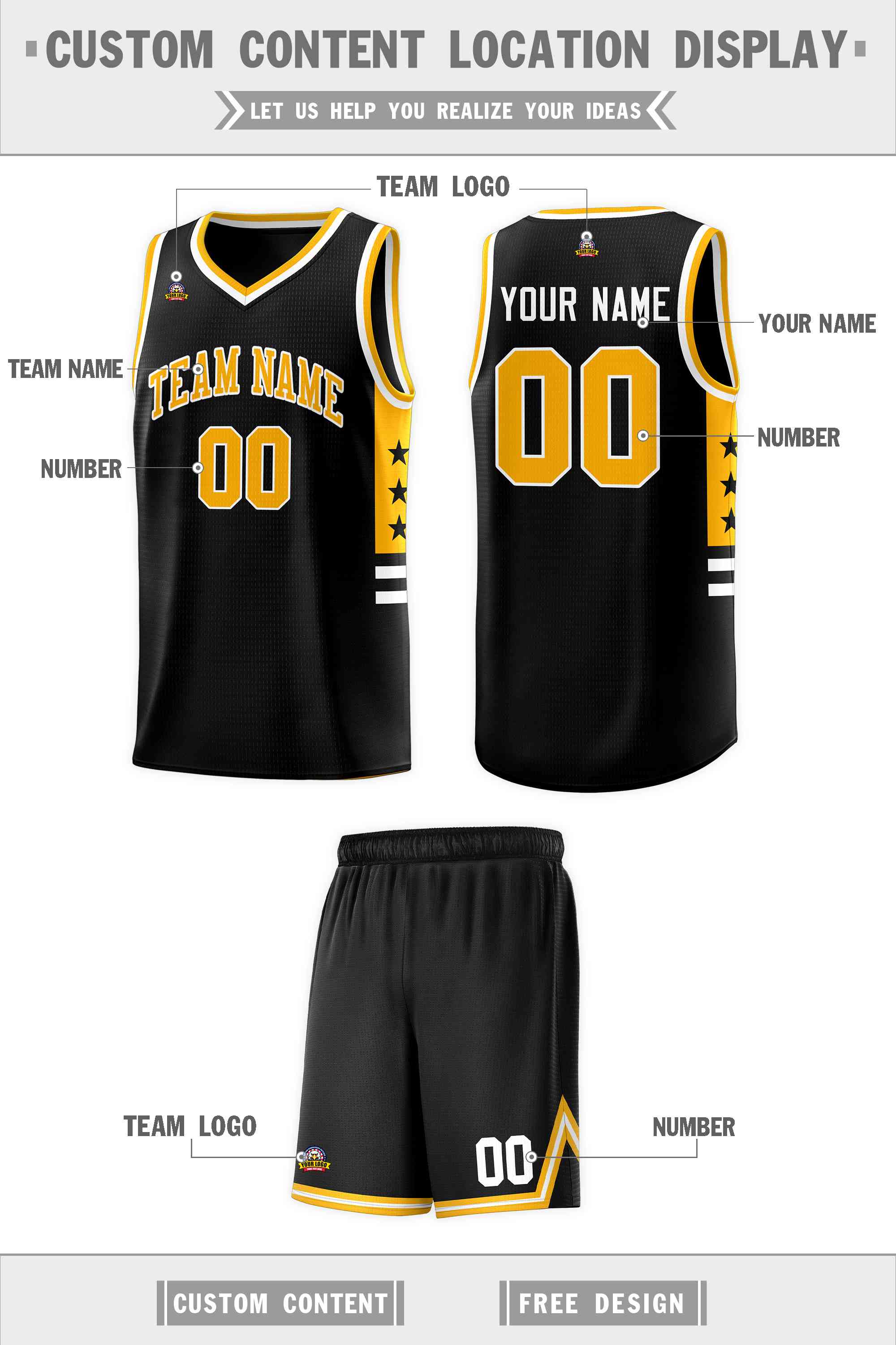 Custom Black Yellow-White Personalized Star Pattern Sports Uniform Basketball Jersey