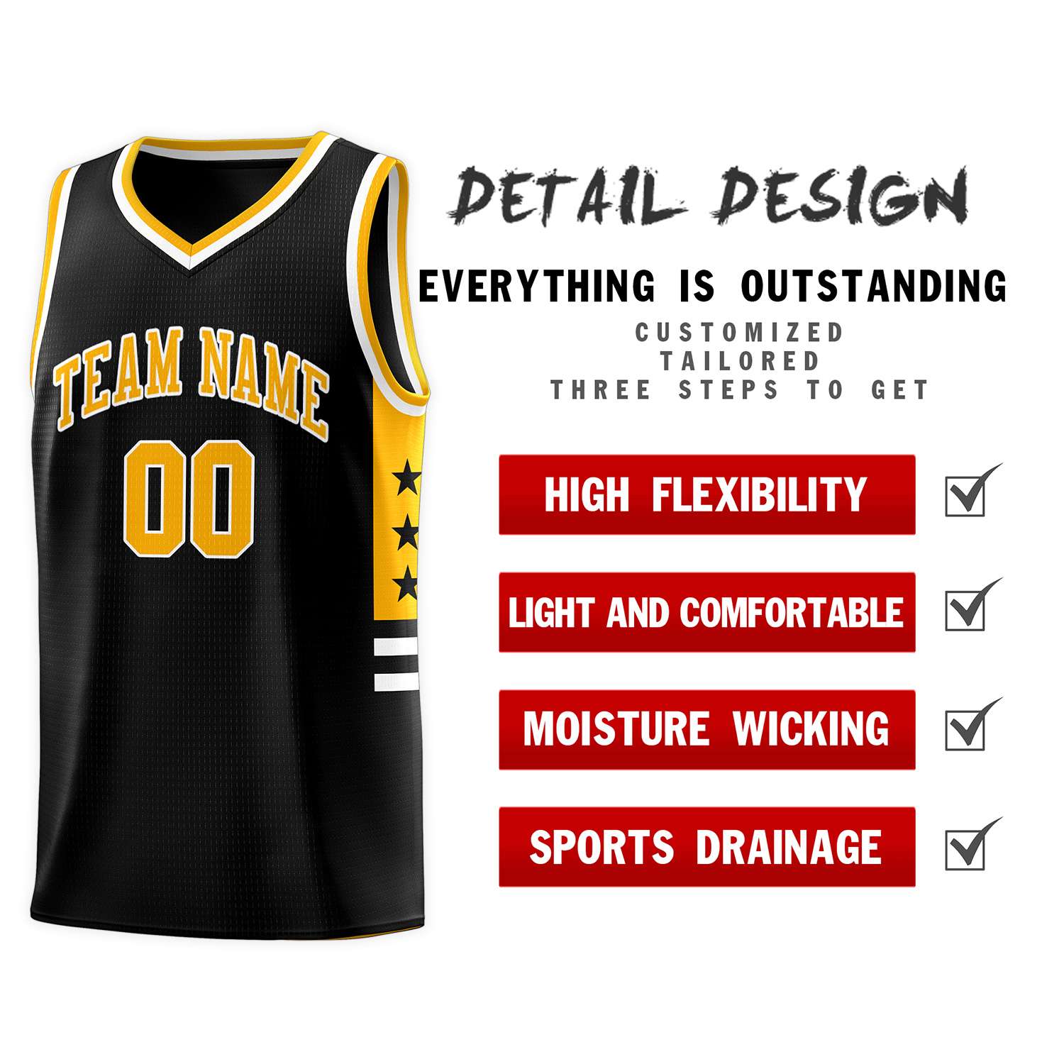 Custom Black Yellow-White Personalized Star Pattern Sports Uniform Basketball Jersey