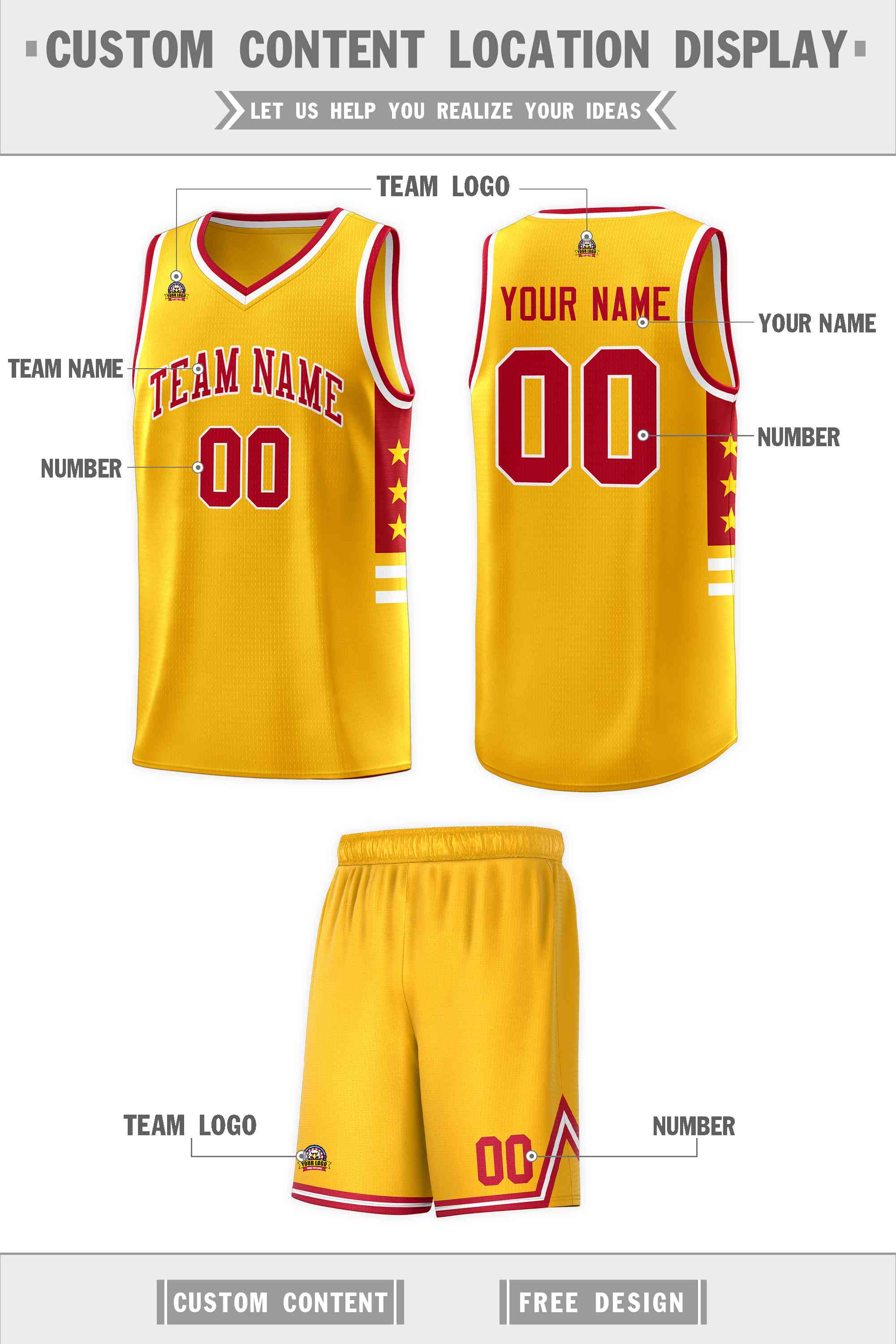 Custom Yellow Red-White Personalized Star Pattern Sports Uniform Basketball Jersey