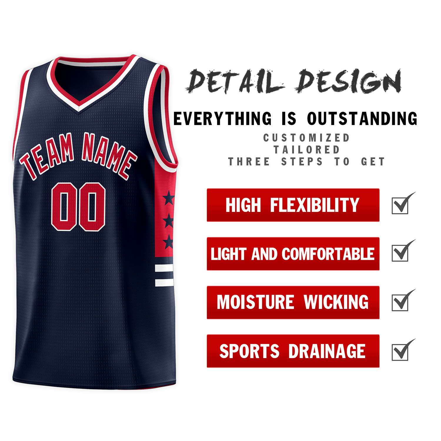 Custom Navy Red-White Personalized Star Pattern Sports Uniform Basketball Jersey