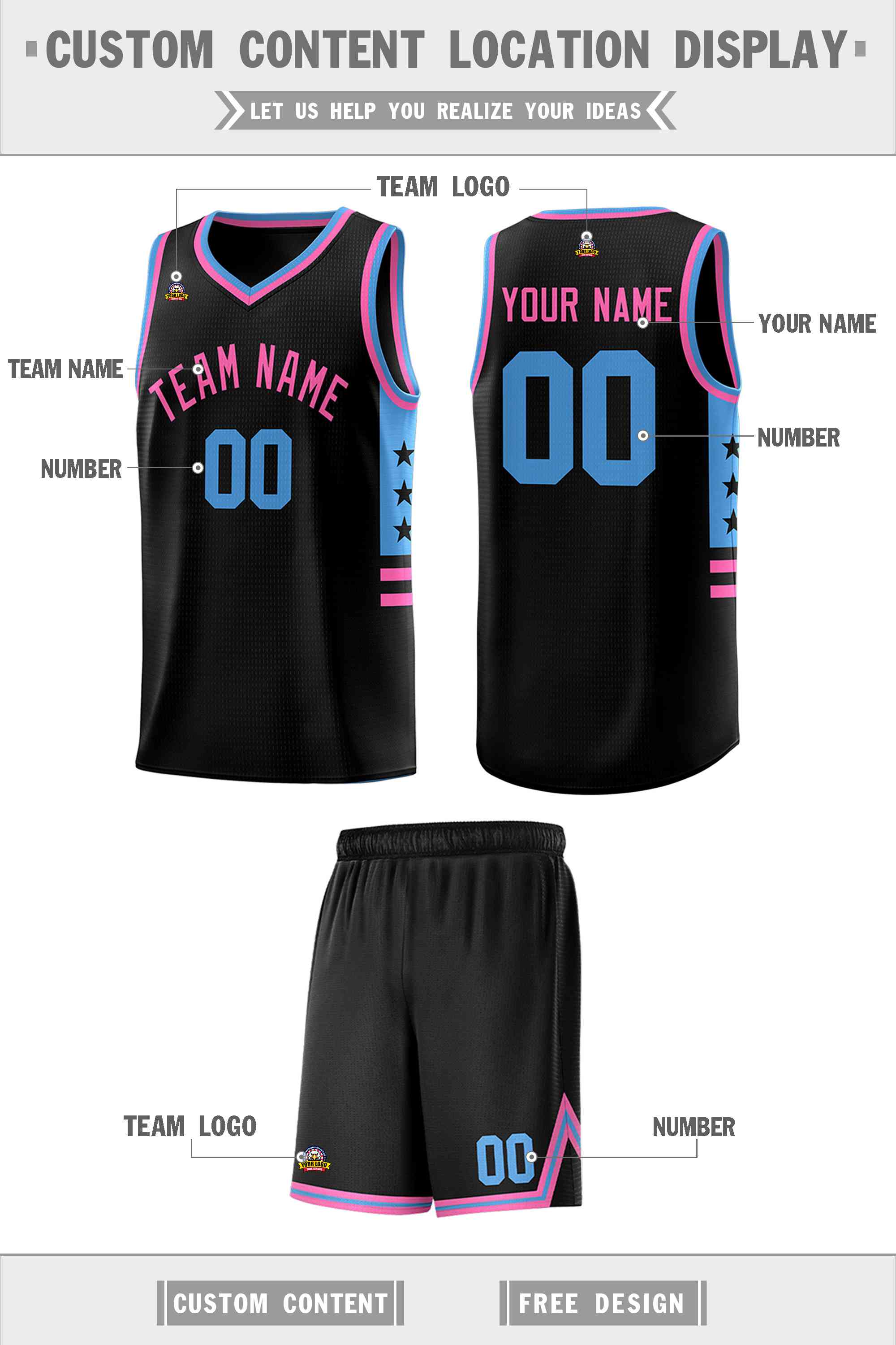 Custom Black Powder Blue-Pink Personalized Star Pattern Sports Uniform Basketball Jersey