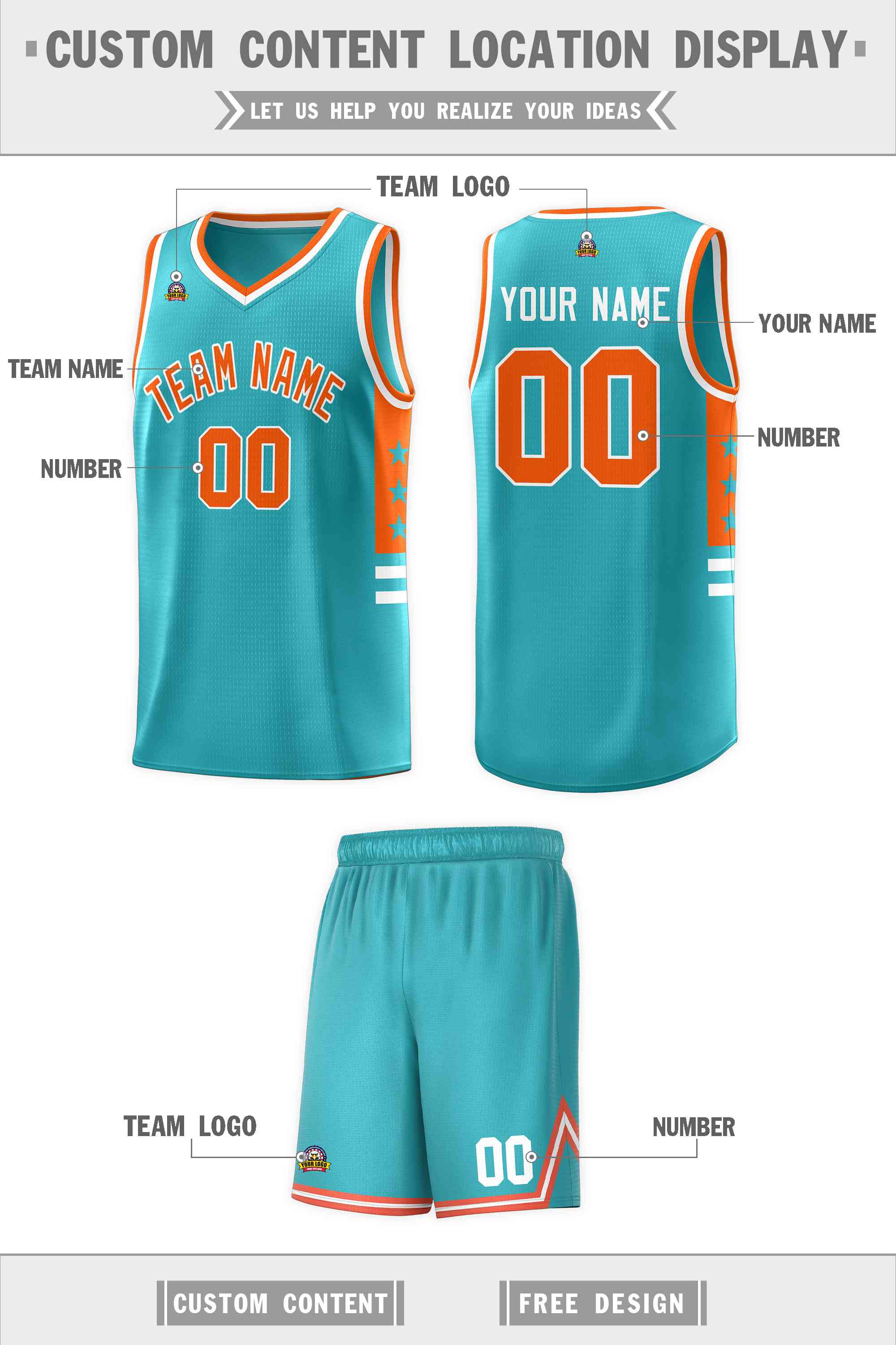 Custom Aqua Orange-White Personalized Star Pattern Sports Uniform Basketball Jersey