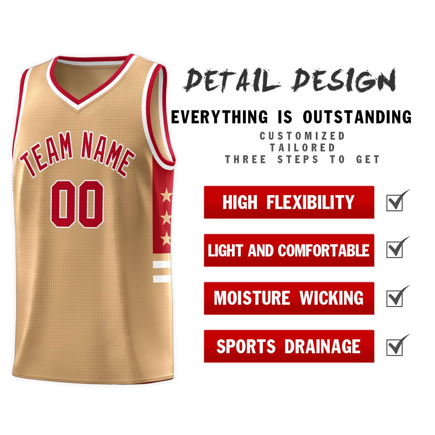 Custom Old Gold Red-White Personalized Star Pattern Sports Uniform Basketball Jersey