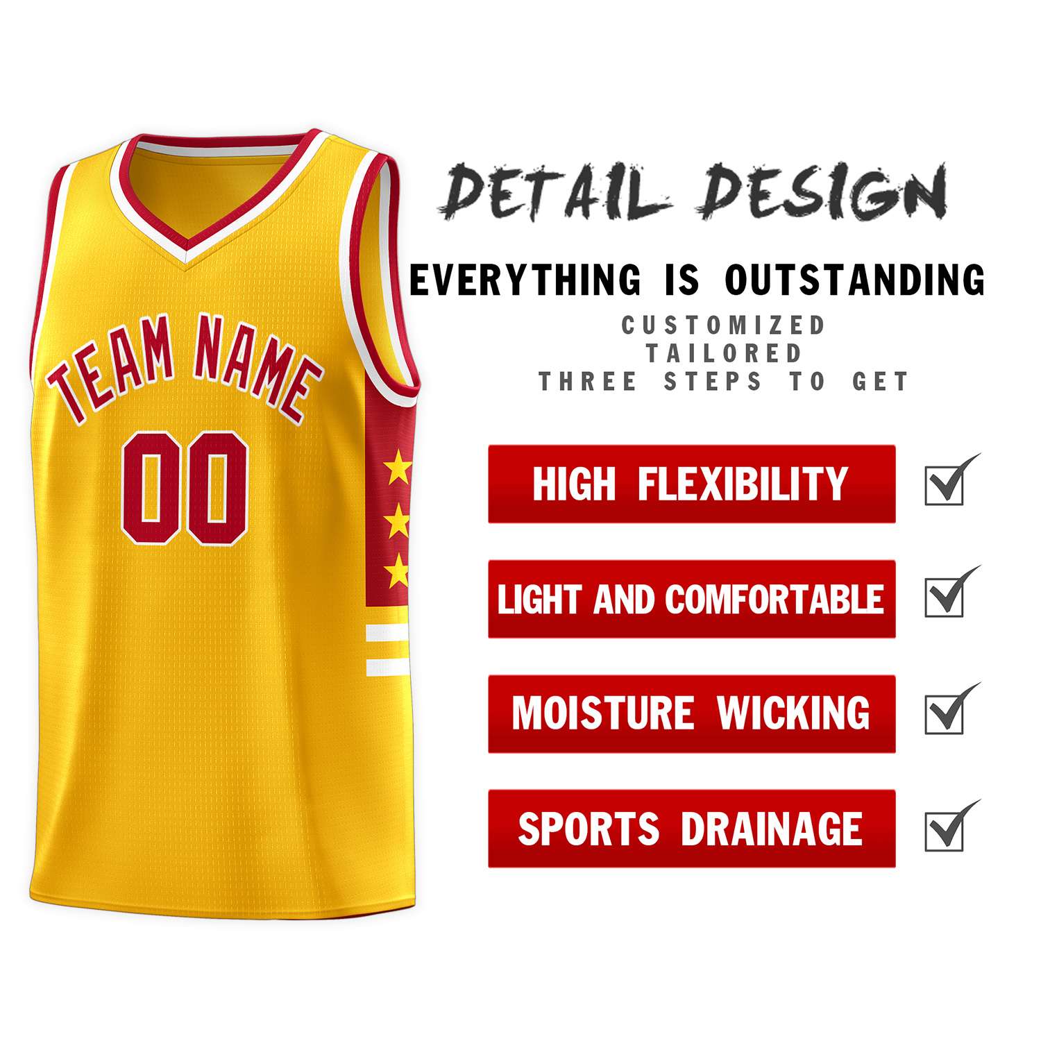 Custom Yellow Red-White Personalized Star Pattern Sports Uniform Basketball Jersey