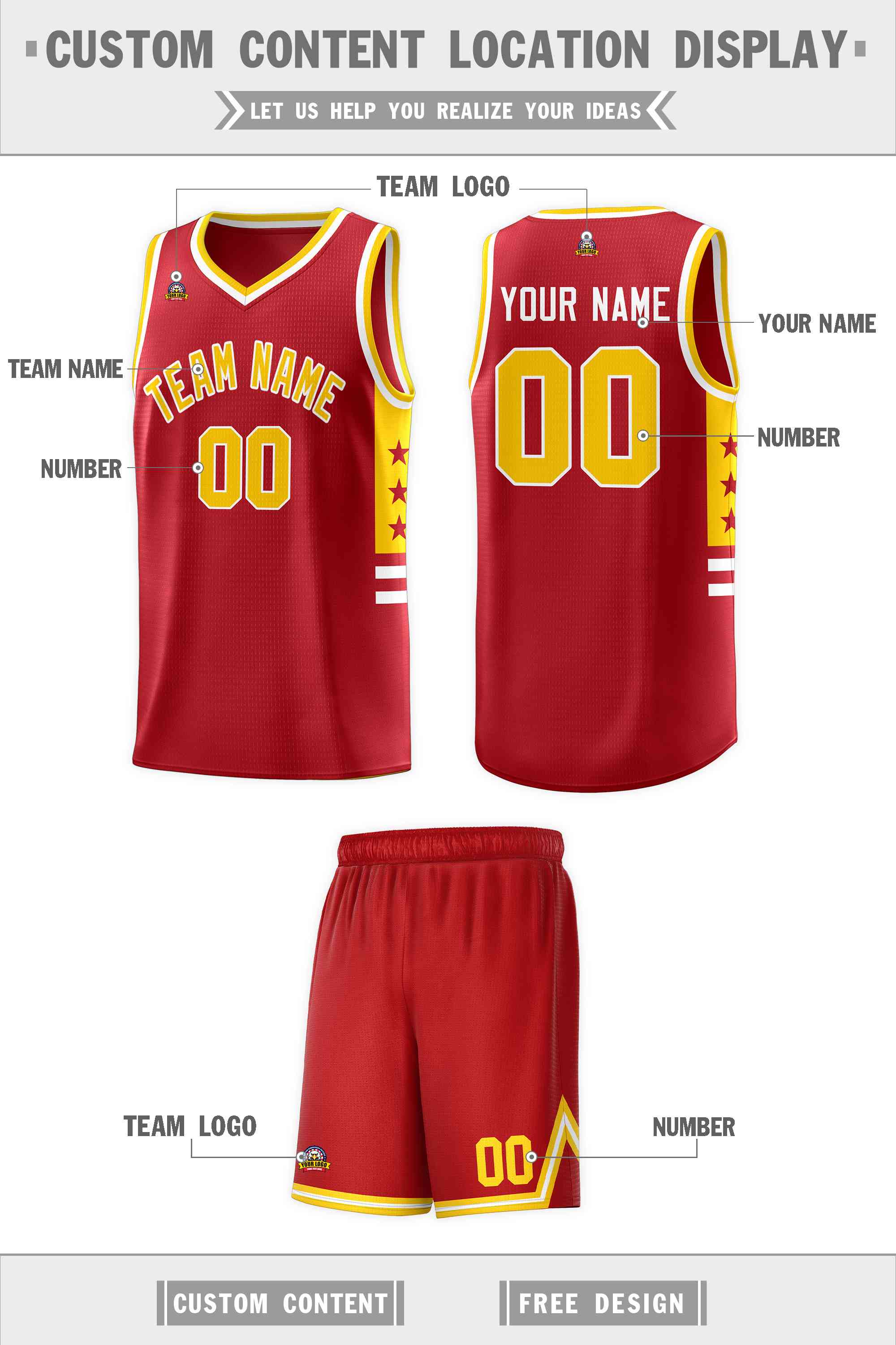 Custom Red Yellow-White Personalized Star Pattern Sports Uniform Basketball Jersey