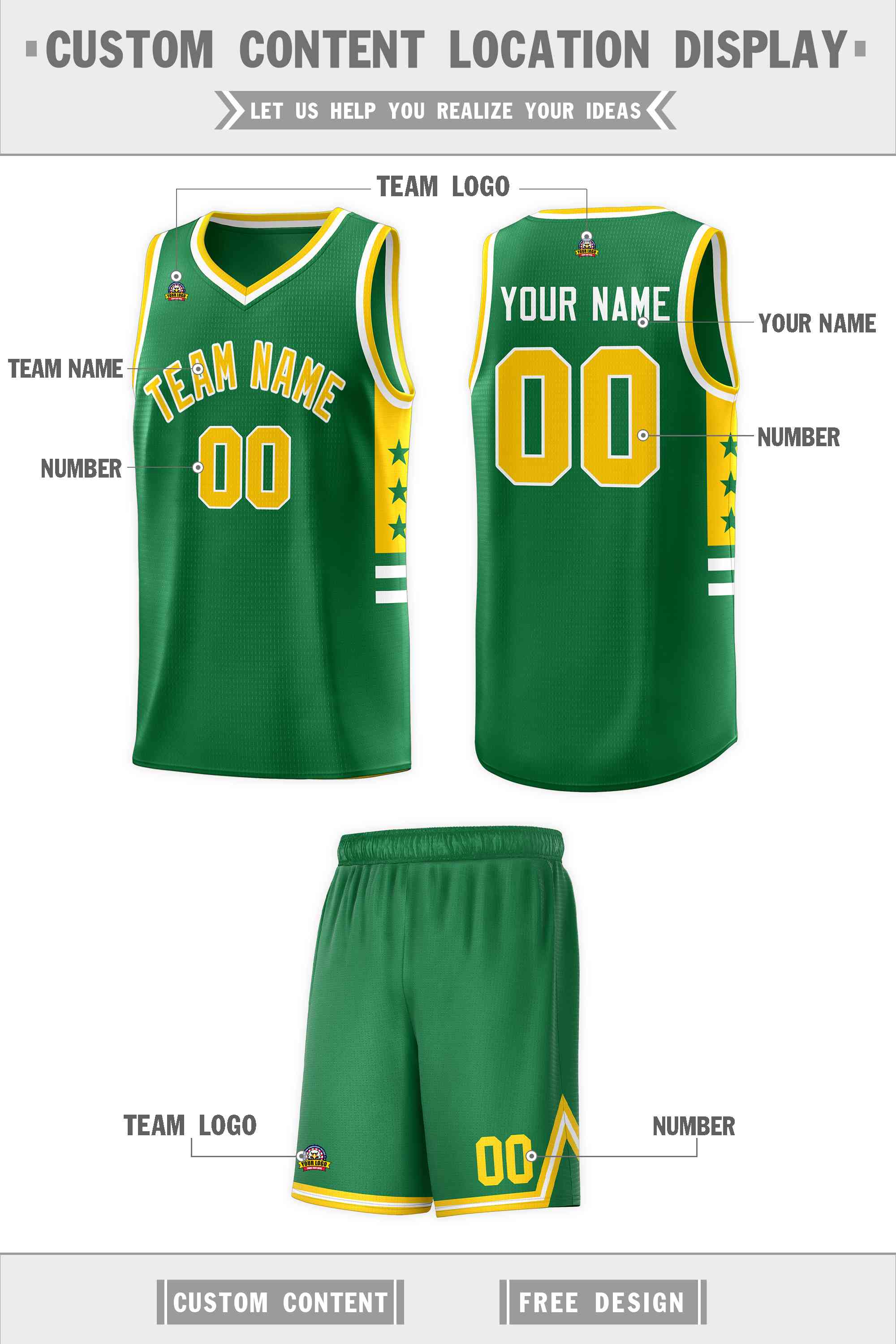 Custom Kelly Green Yellow-White Personalized Star Pattern Sports Uniform Basketball Jersey