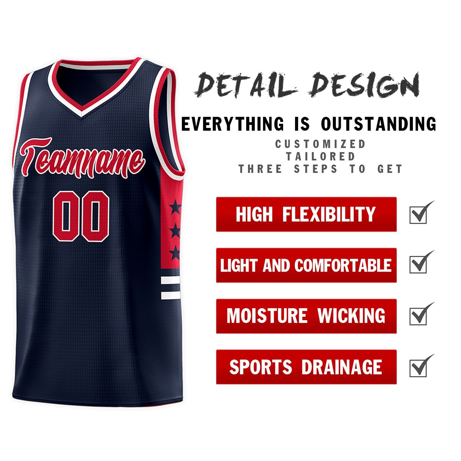 Custom Navy Red-White Personalized Star Pattern Sports Uniform Basketball Jersey