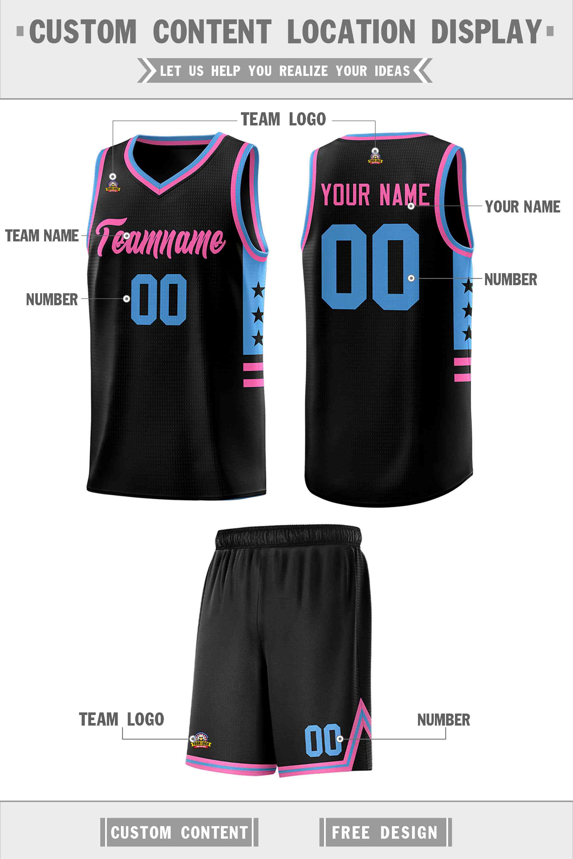 Custom Black Powder Blue-Pink Personalized Star Pattern Sports Uniform Basketball Jersey