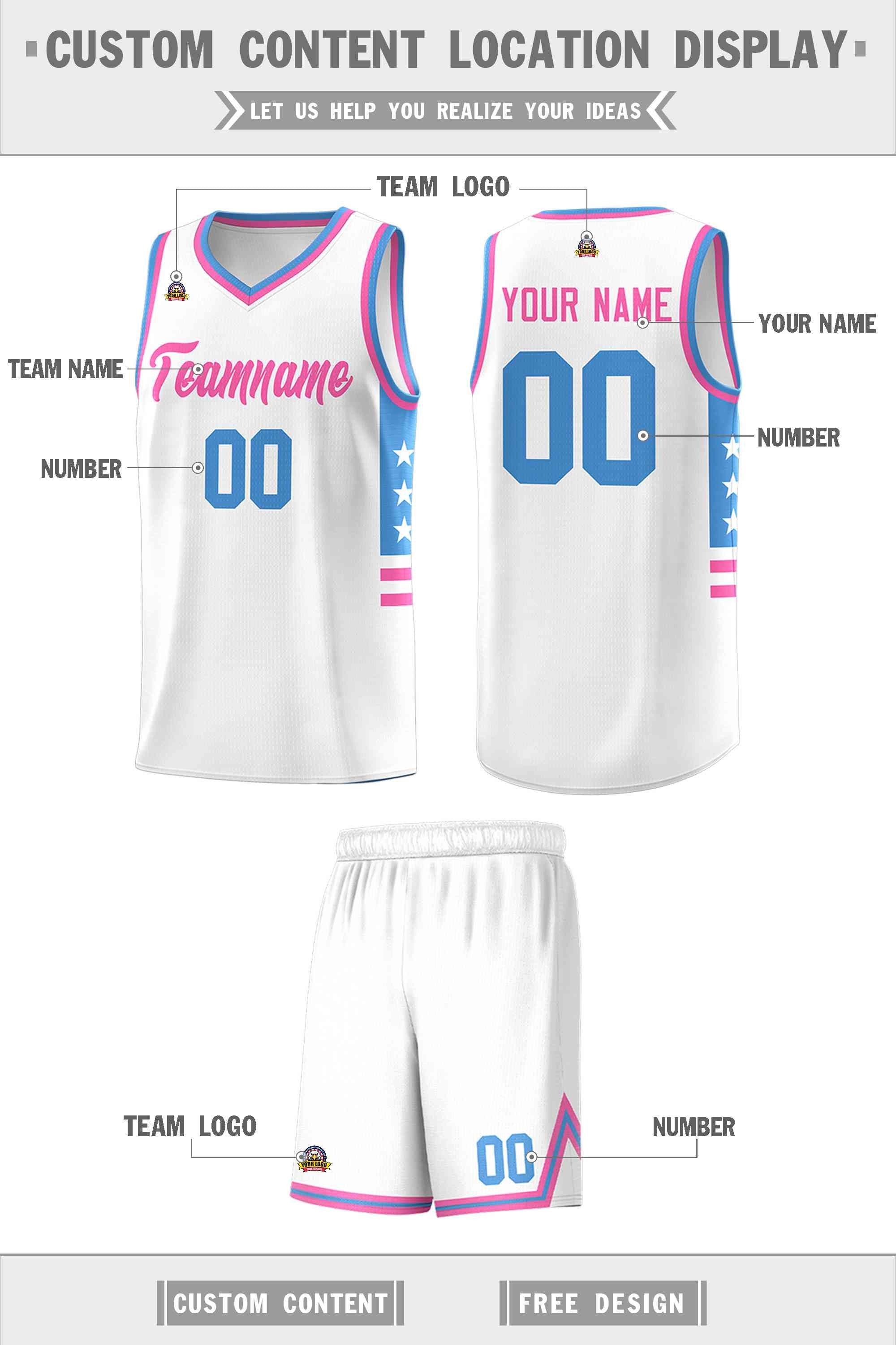 Custom White Powder Blue-Pink Personalized Star Pattern Sports Uniform Basketball Jersey