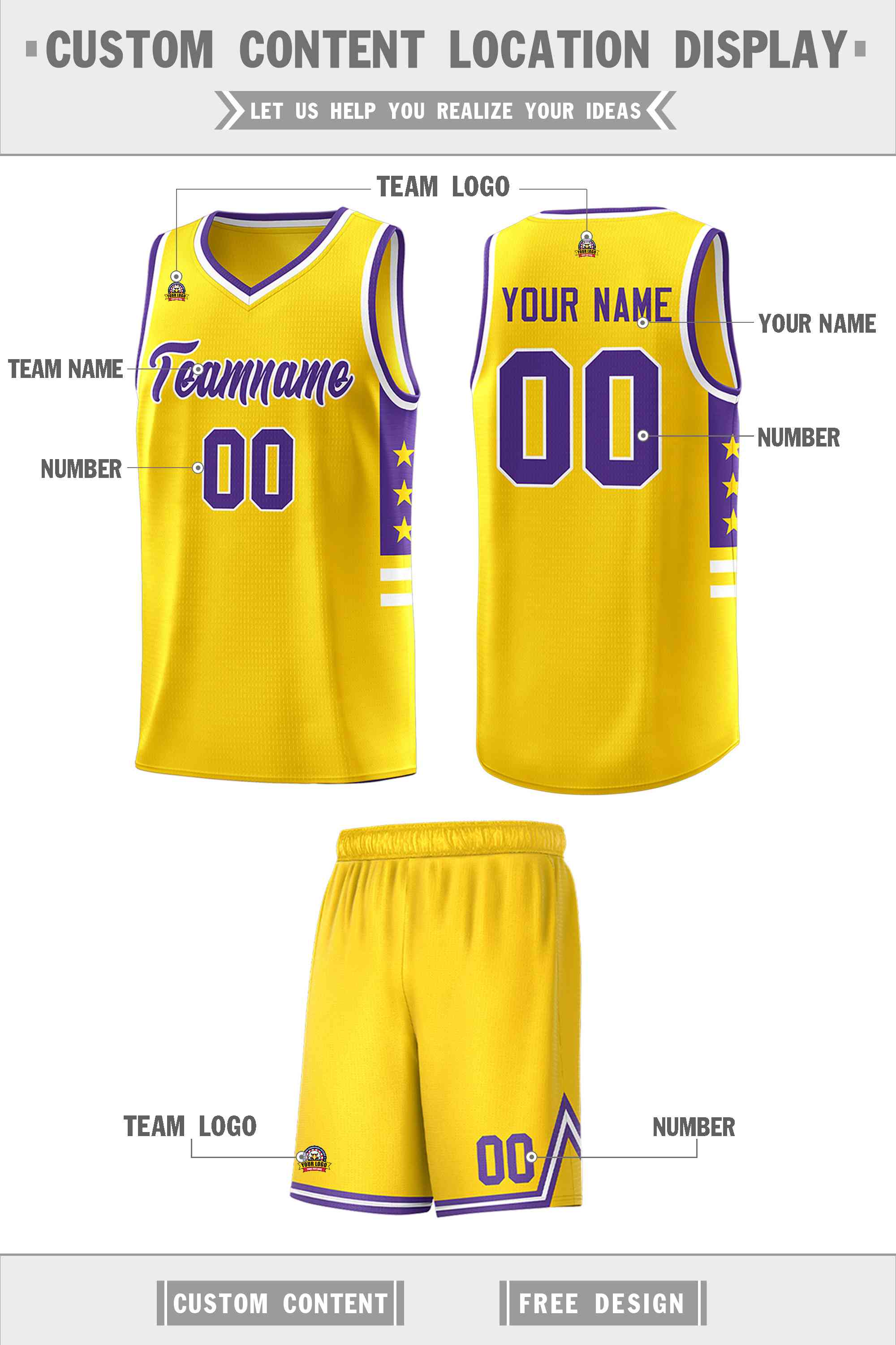 Custom Yellow Purple-White Personalized Star Pattern Sports Uniform Basketball Jersey