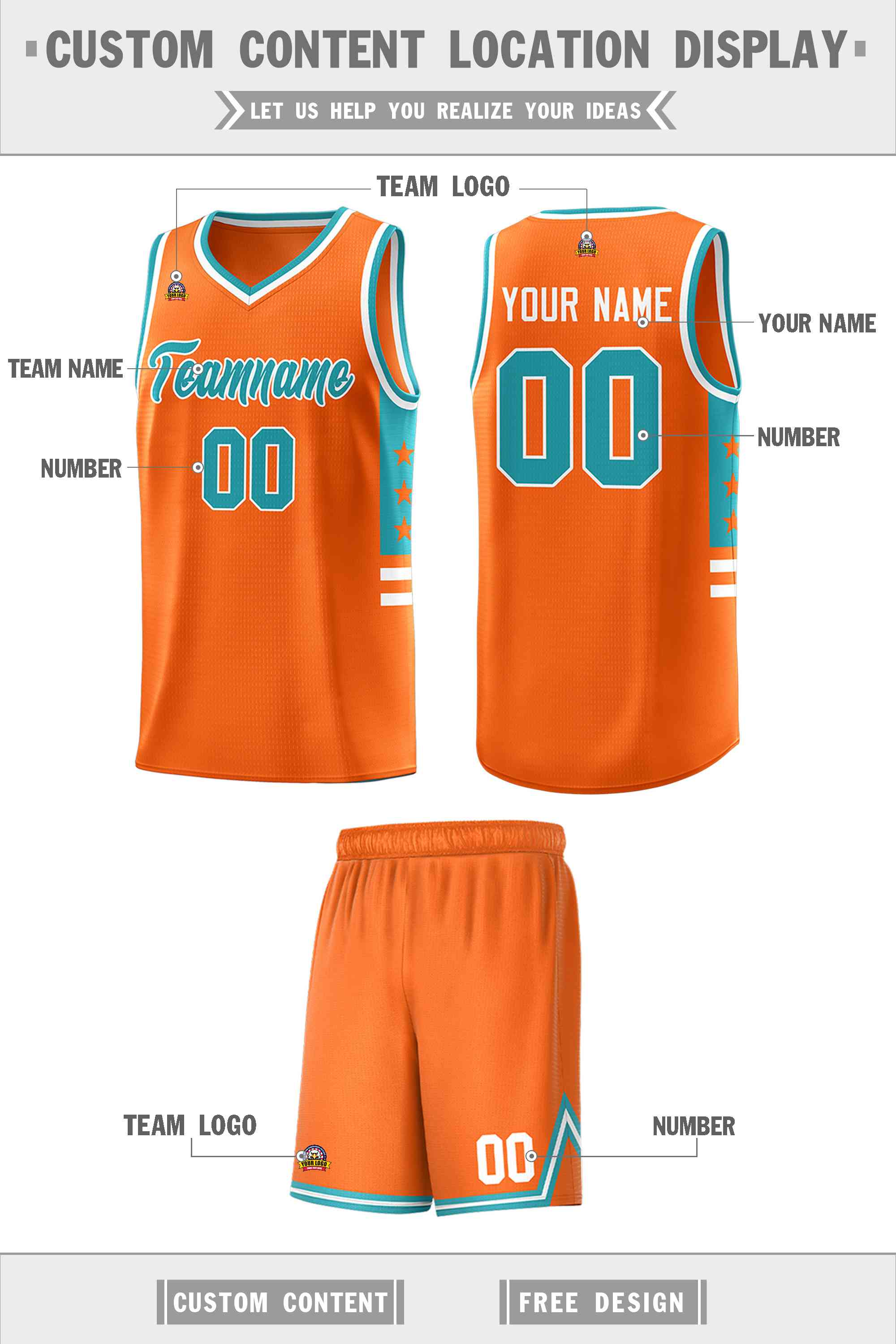 Custom Orange Aqua-White Personalized Star Pattern Sports Uniform Basketball Jersey