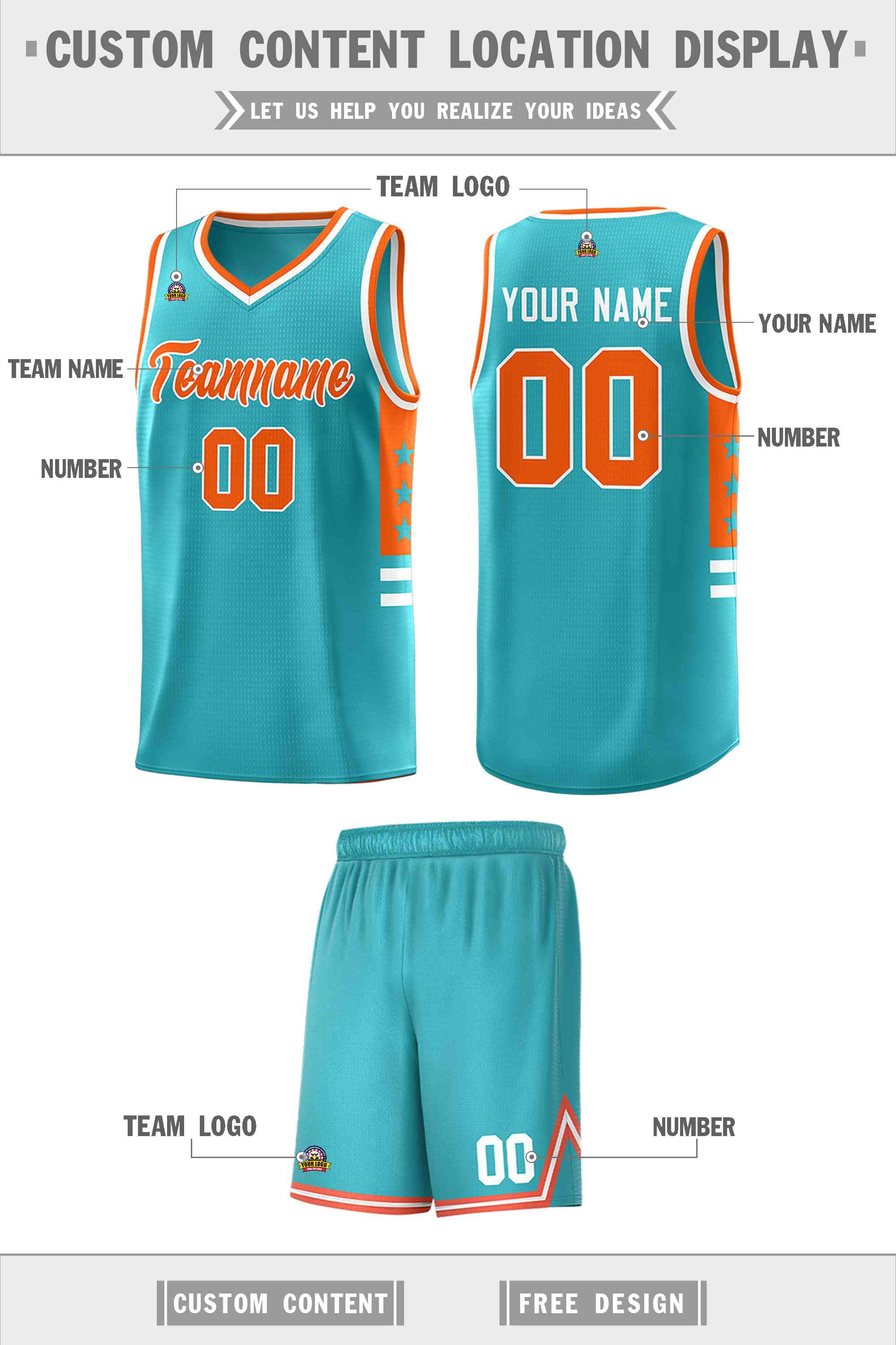 Custom Aqua Orange-White Personalized Star Pattern Sports Uniform Basketball Jersey