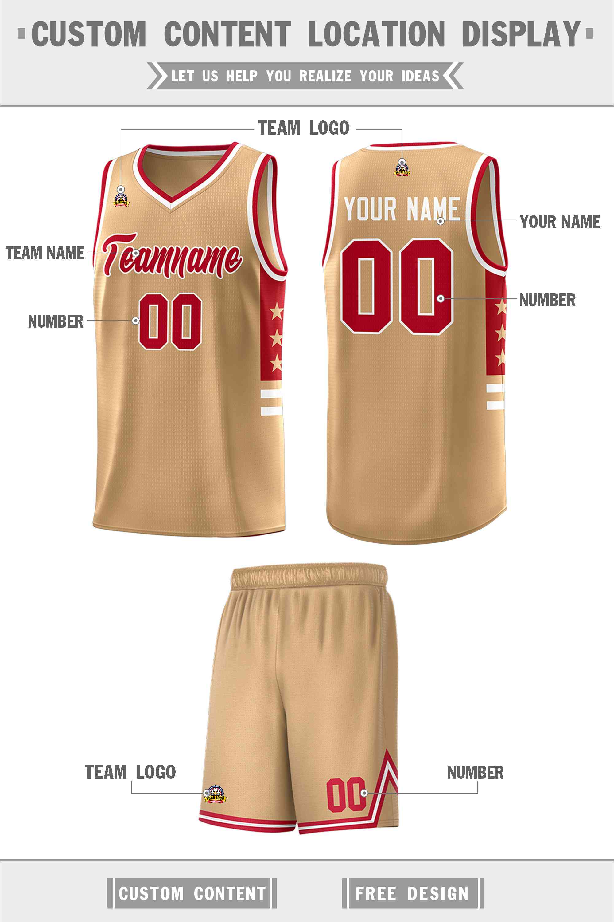 Custom Old Gold Red-White Personalized Star Pattern Sports Uniform Basketball Jersey