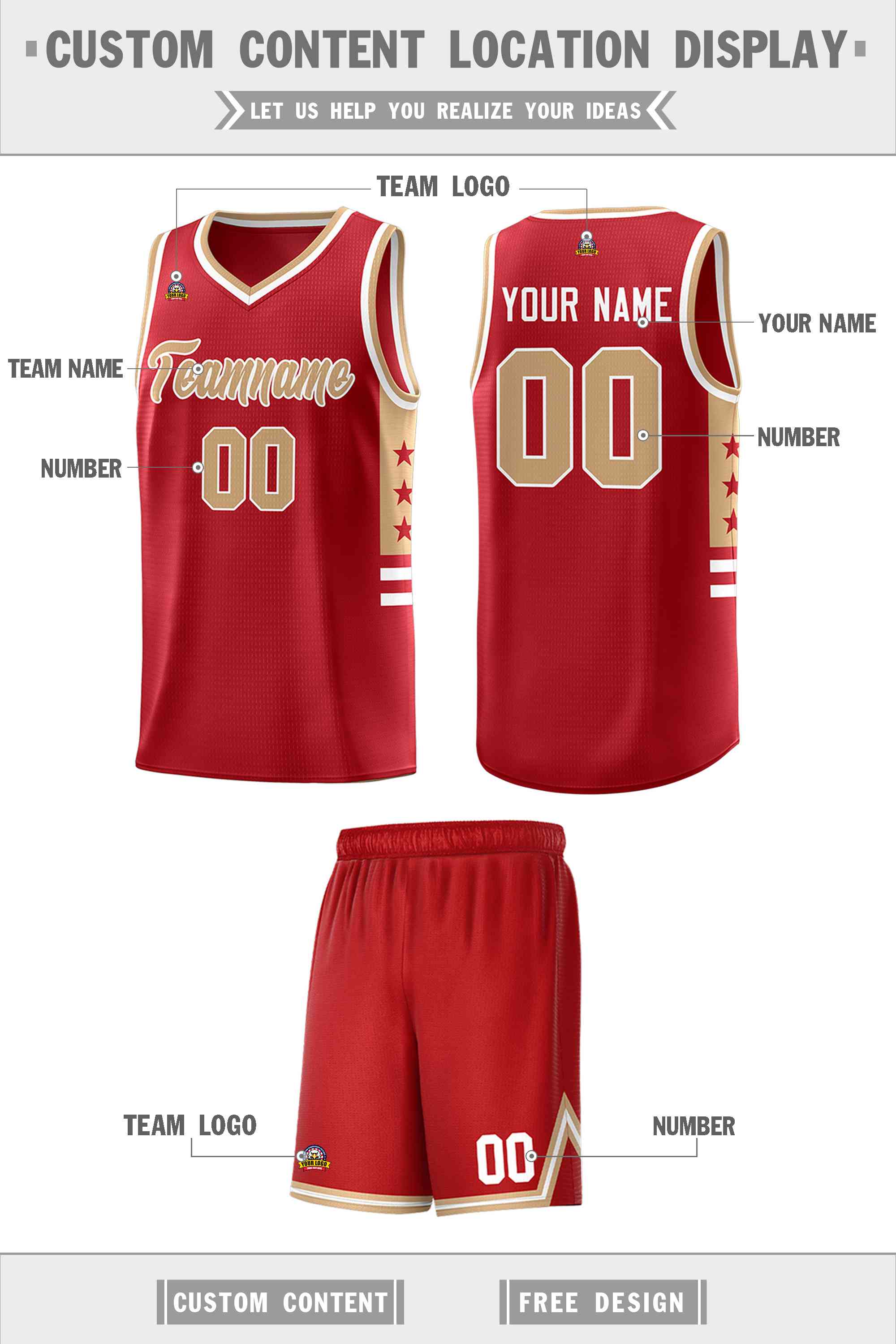 Custom Red Old Gold-White Personalized Star Pattern Sports Uniform Basketball Jersey