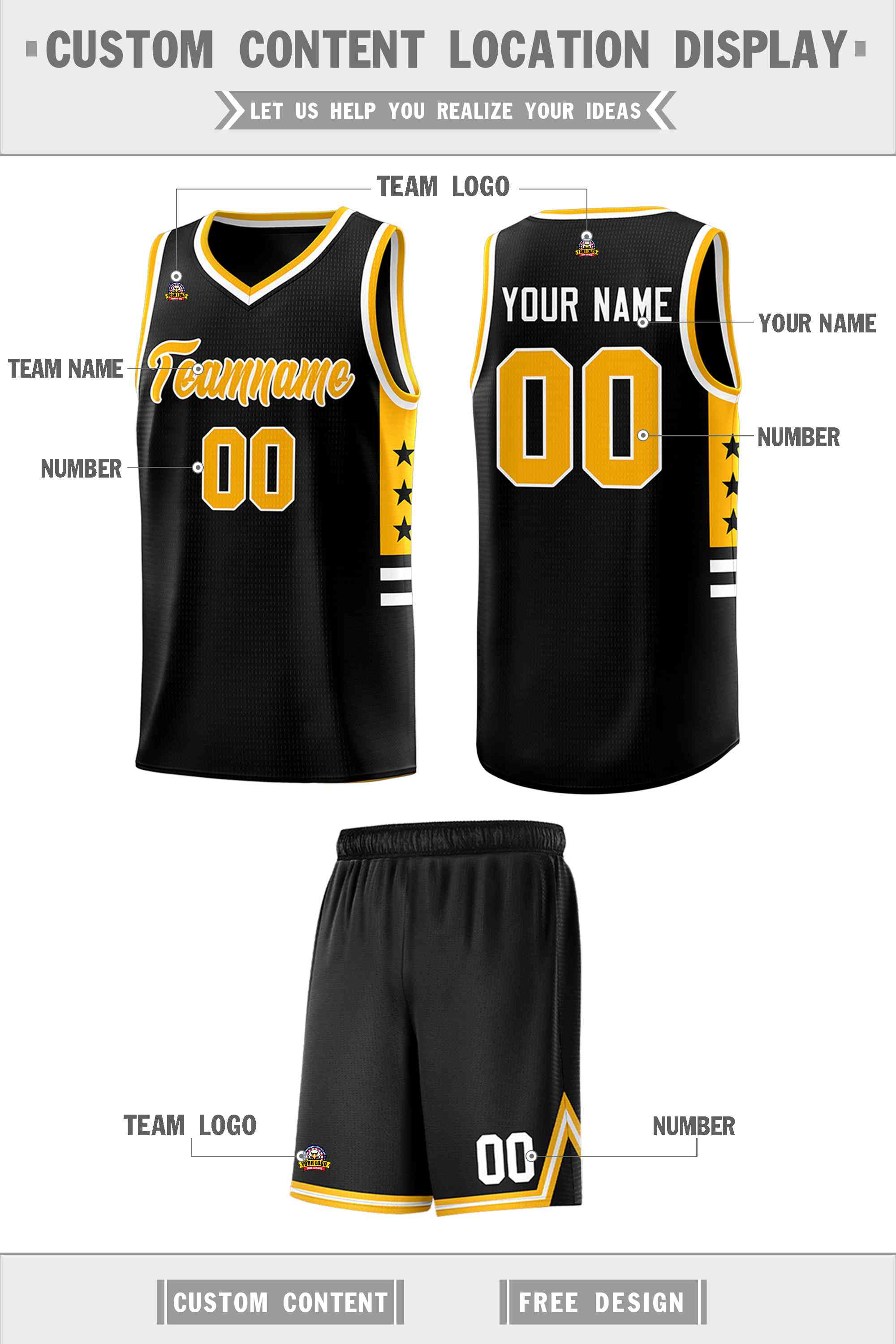 Custom Black Yellow-White Personalized Star Pattern Sports Uniform Basketball Jersey