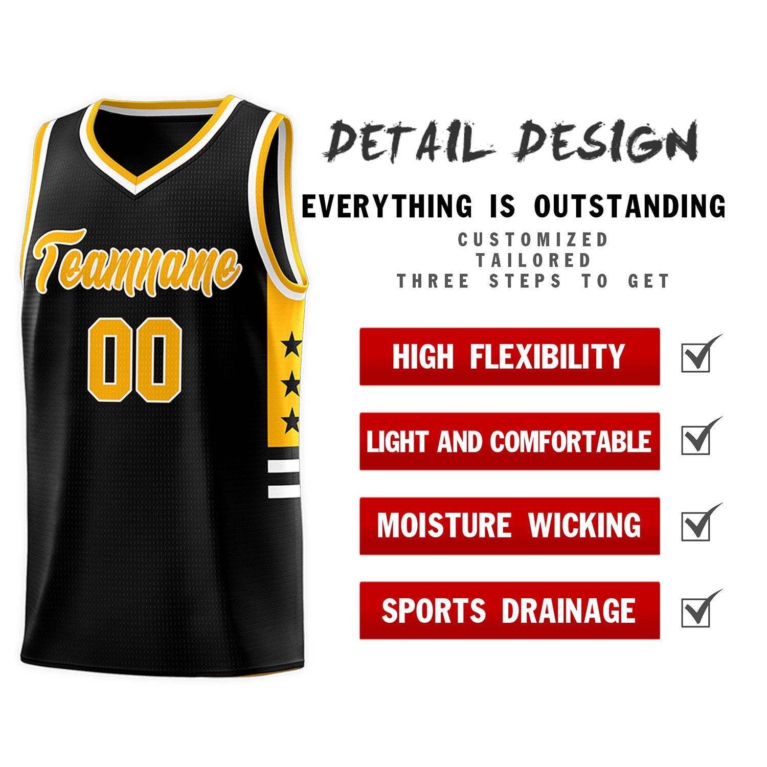 Custom Black Yellow-White Personalized Star Pattern Sports Uniform Basketball Jersey