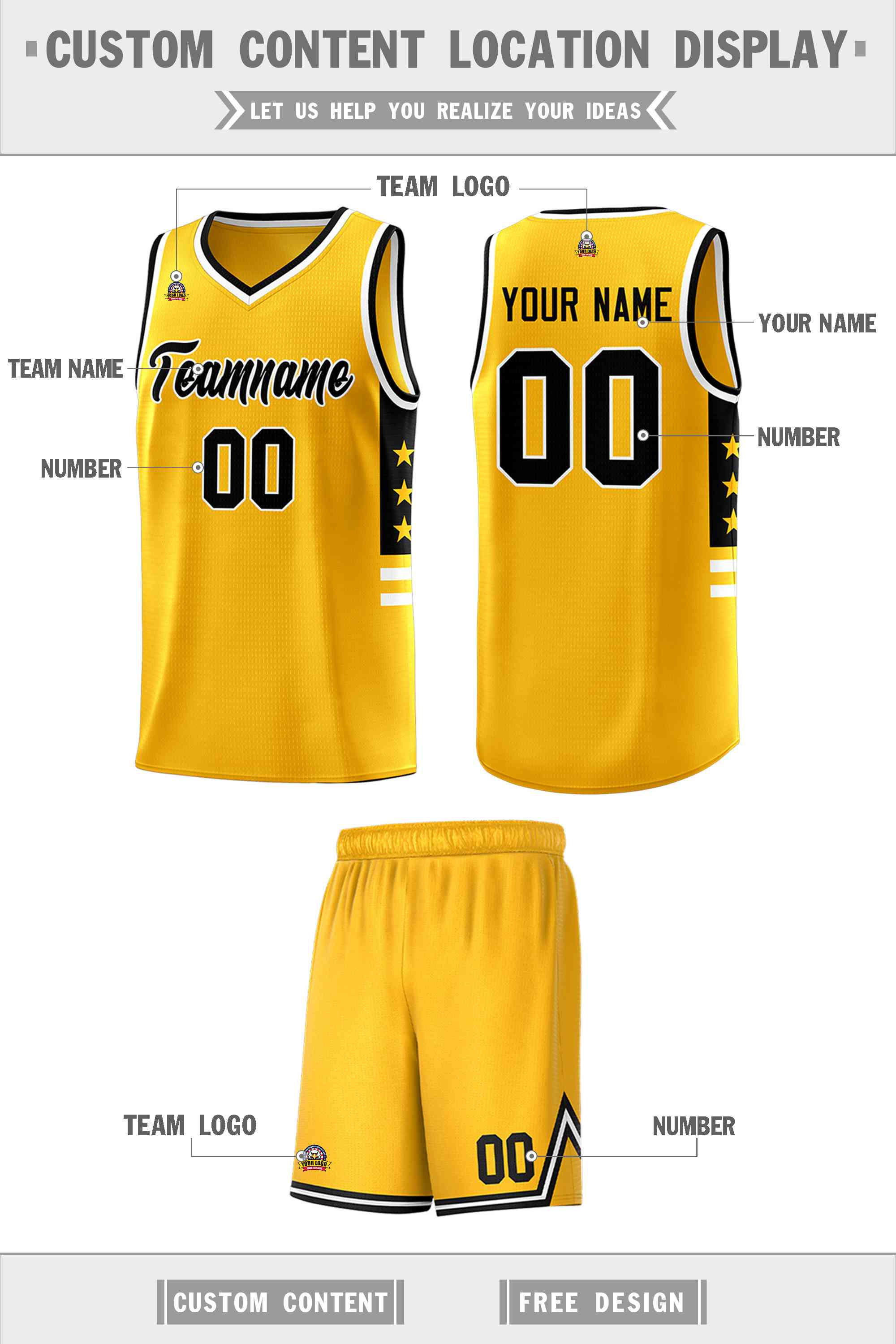 Custom Yellow Black-White Personalized Star Pattern Sports Uniform Basketball Jersey