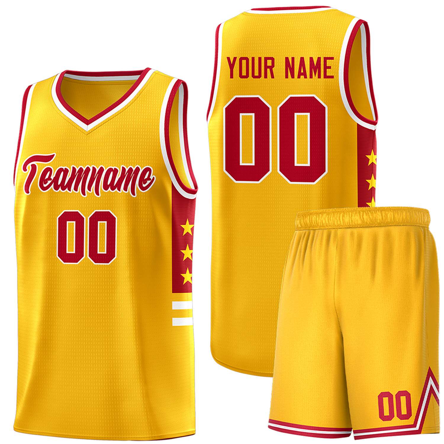 Custom Yellow Red-White Personalized Star Pattern Sports Uniform Basketball Jersey