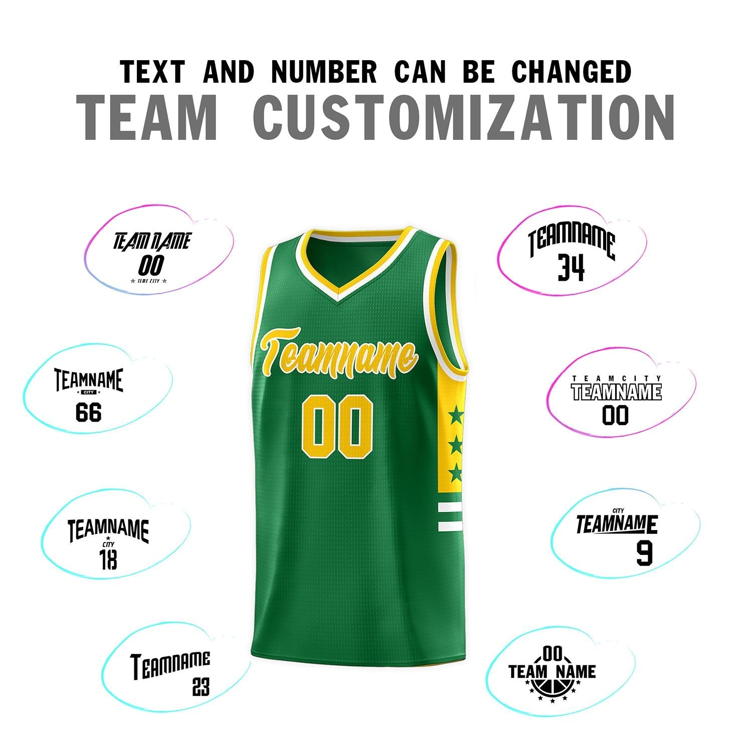 Custom Kelly Green Yellow-White Personalized Star Pattern Sports Uniform Basketball Jersey