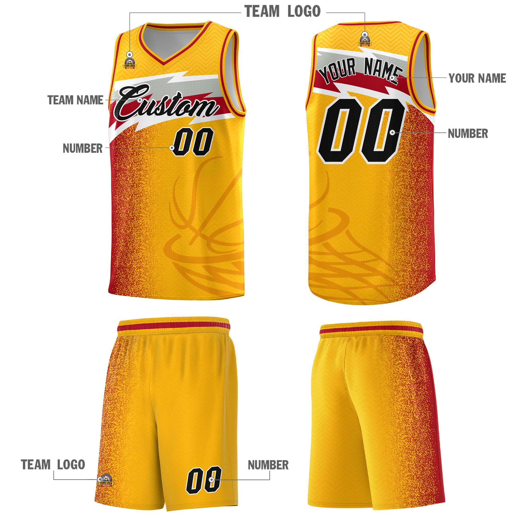 Custom Gold Dot Scatter Graffiti Pattern Sports Uniform Basketball Jersey