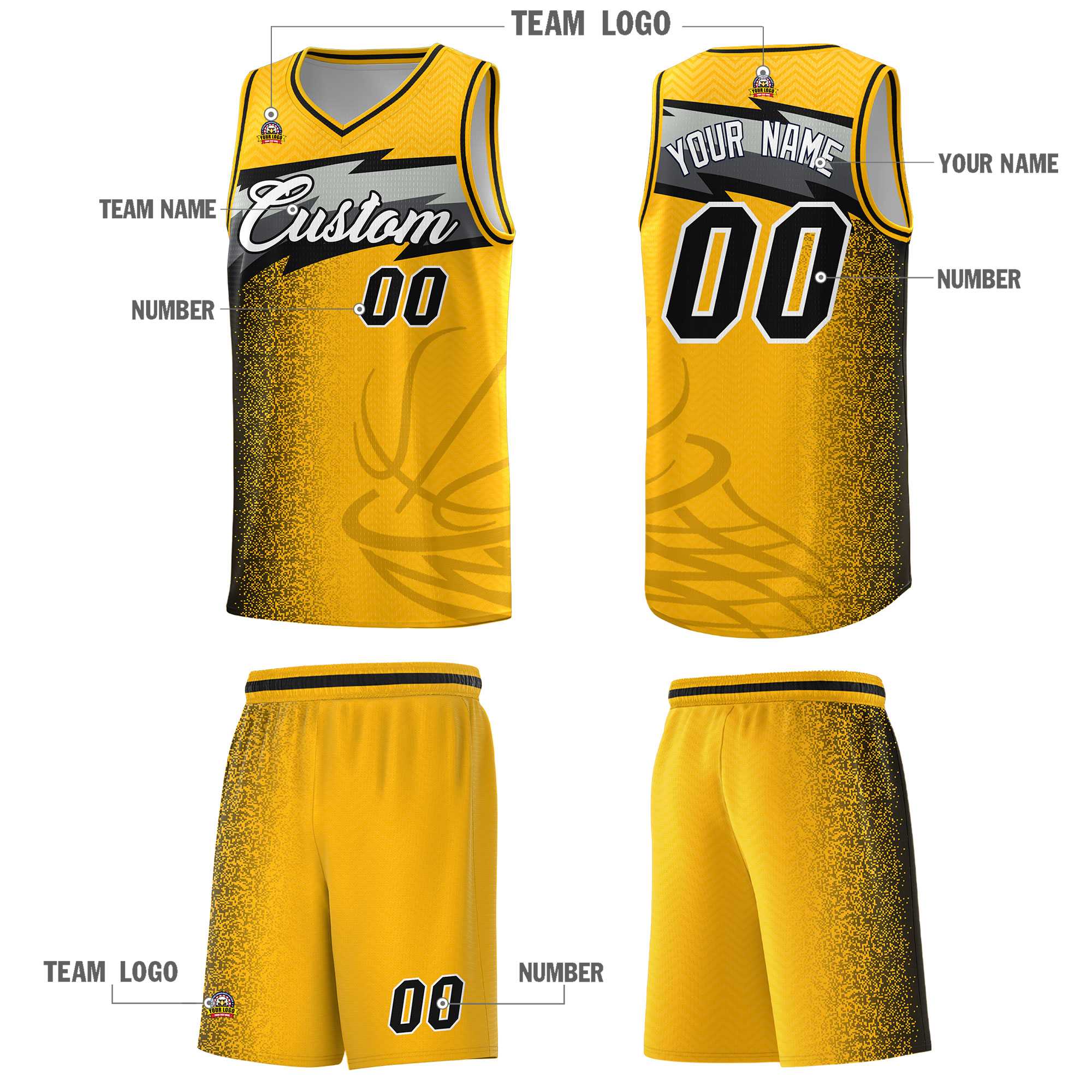 Custom Gold Dot Scatter Graffiti Pattern Sports Uniform Basketball Jersey